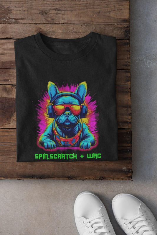 Unleashed Beats: Unisex Neon Frenchie DJ T-shirt - Spin, Scratch & Wag" - Frenchie Emporium