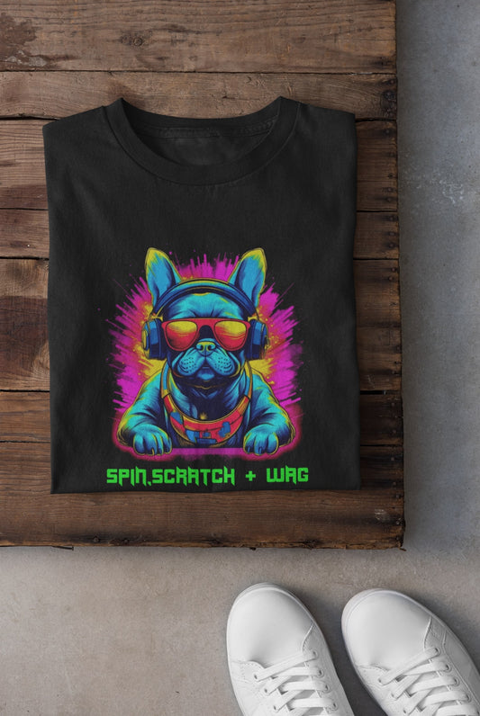Unleashed Beats: Unisex Neon Frenchie DJ T-shirt - Spin, Scratch & Wag"