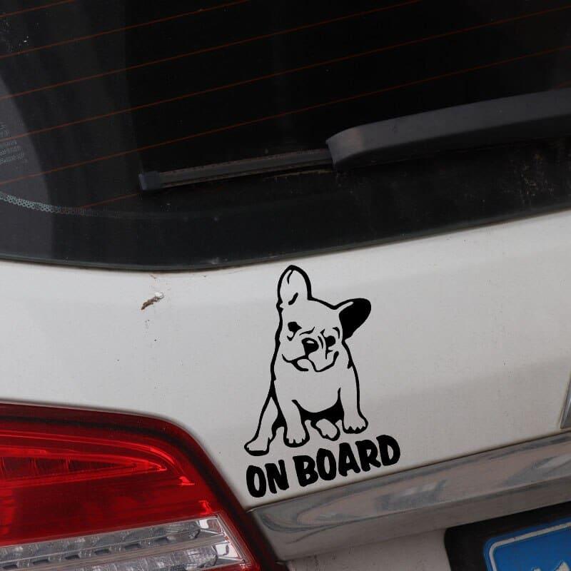 Car Sticker Vinyl Decal Dog French Bulldog On Board Cartoon Black/Silver - Frenchie Emporium