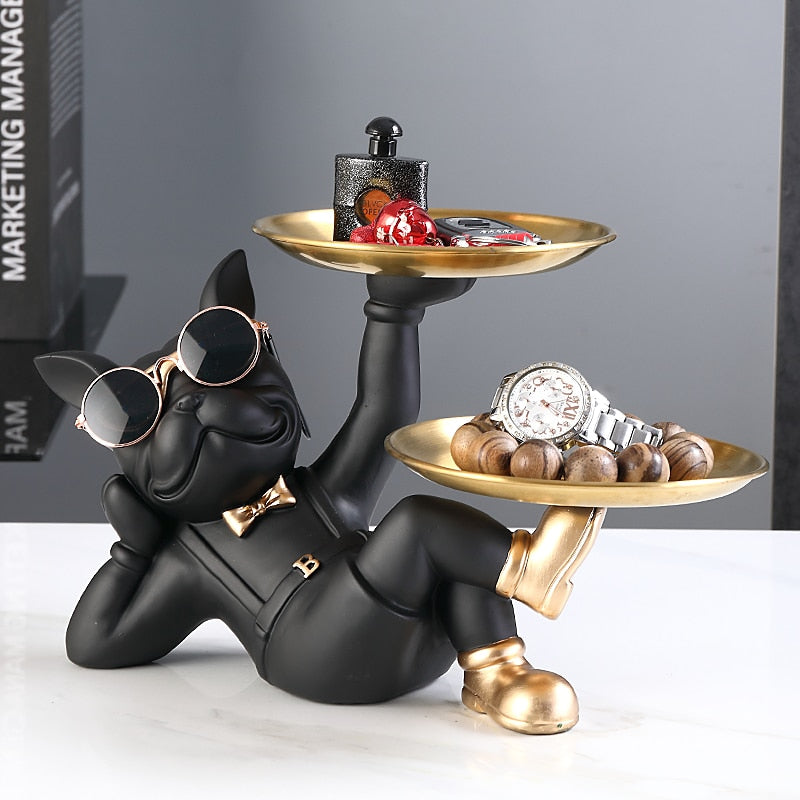 French Bulldog Butler with Double Gold Metal Tray Gift