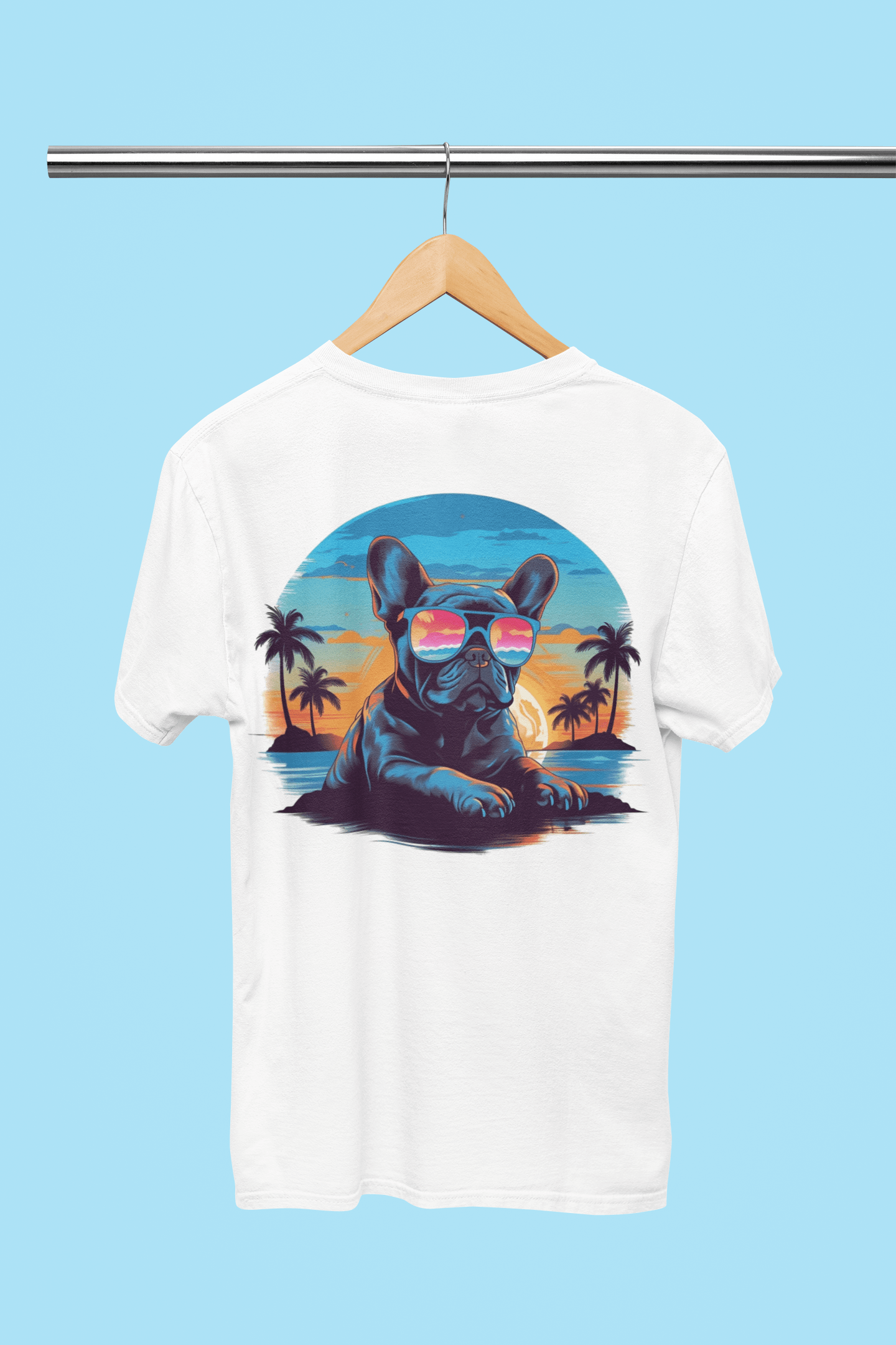 Tropical Vibes Frenchie: Sunglasses and Palm Trees T-Shirt - back print - Frenchie Emporium