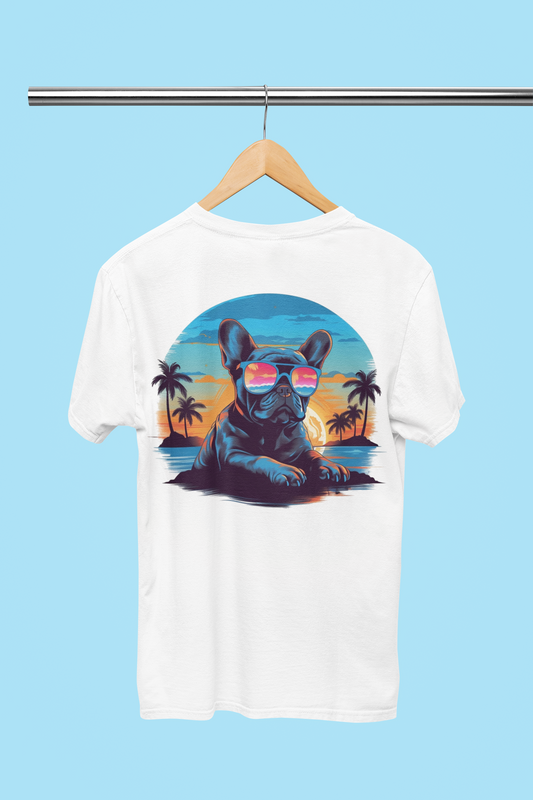 Tropical Vibes Frenchie: Sunglasses and Palm Trees T-Shirt - back print