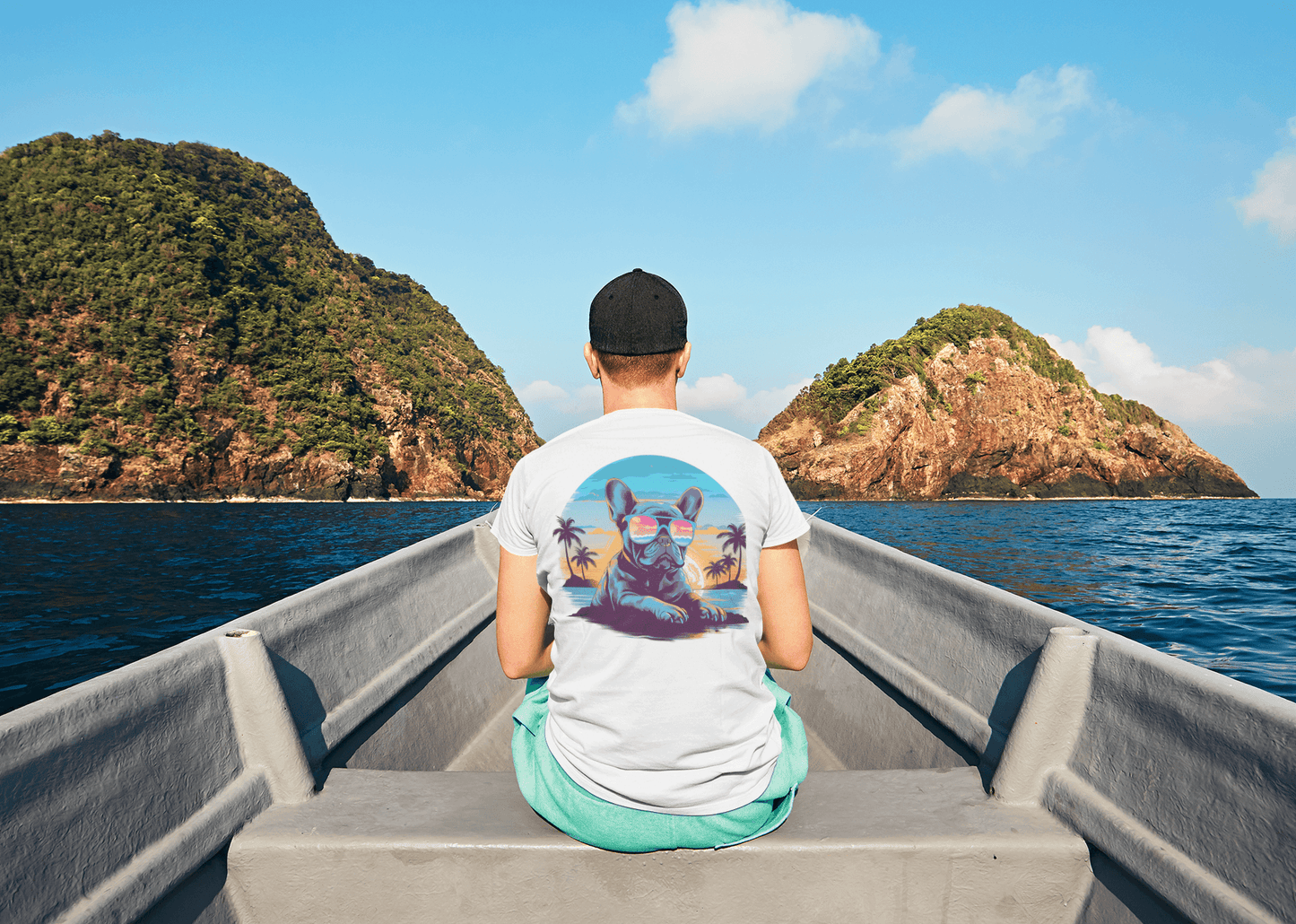 Tropical Vibes Frenchie: Sunglasses and Palm Trees T-Shirt - back print - Frenchie Emporium