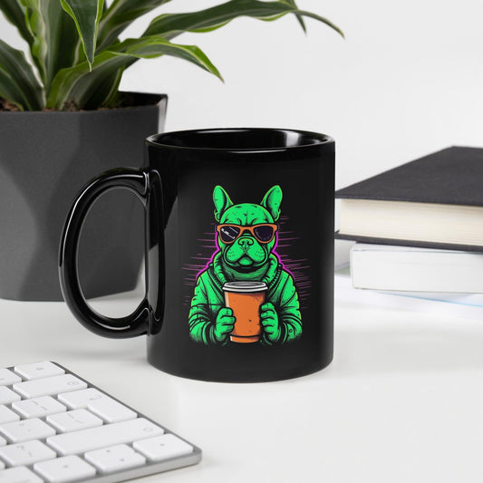 Neon Buzz: Green Frenchie with Orange Coffee To Go - Black glossy Mug - Frenchie Emporium