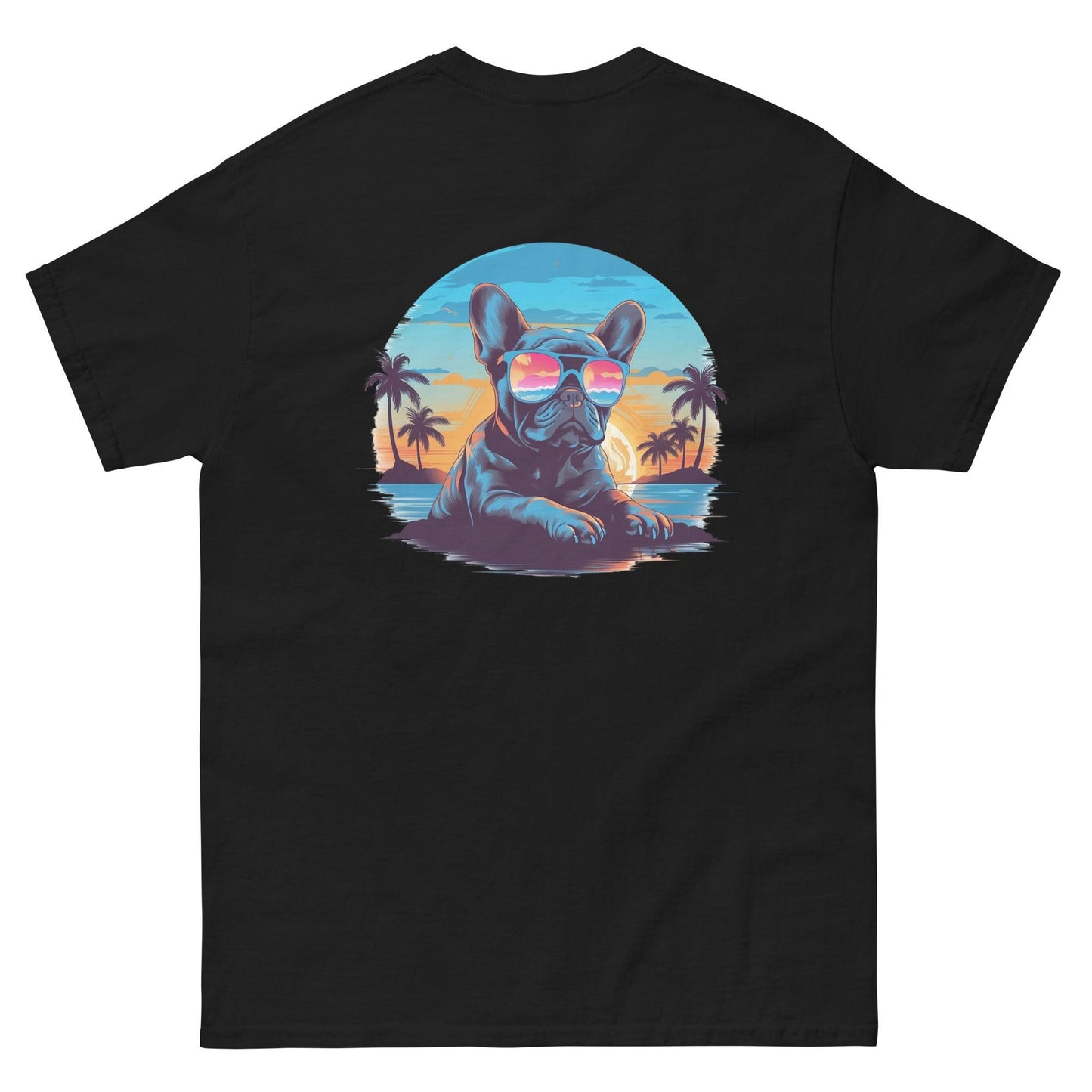 Tropical Vibes Frenchie: Sunglasses and Palm Trees T-Shirt - back print - Frenchie Emporium