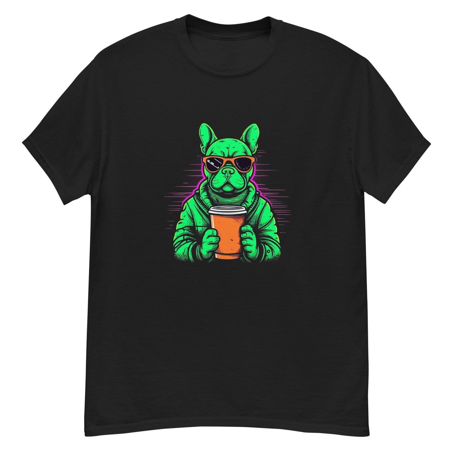 Neon Buzz: Green Frenchie with Orange Coffee To Go T-Shirt - Frenchie Emporium