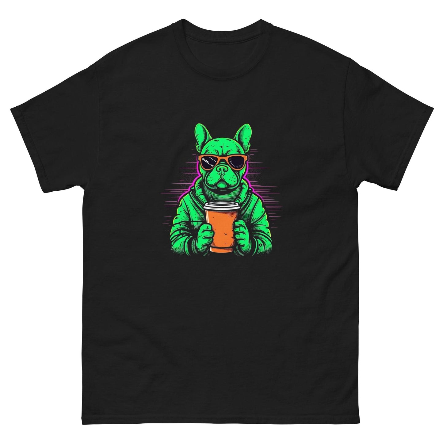 Neon Buzz: Green Frenchie with Orange Coffee To Go T-Shirt - Frenchie Emporium