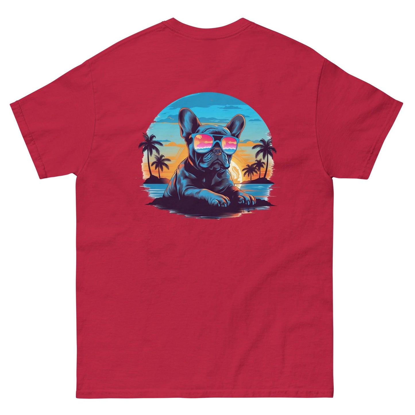 Tropical Vibes Frenchie: Sunglasses and Palm Trees T-Shirt - back print - Frenchie Emporium