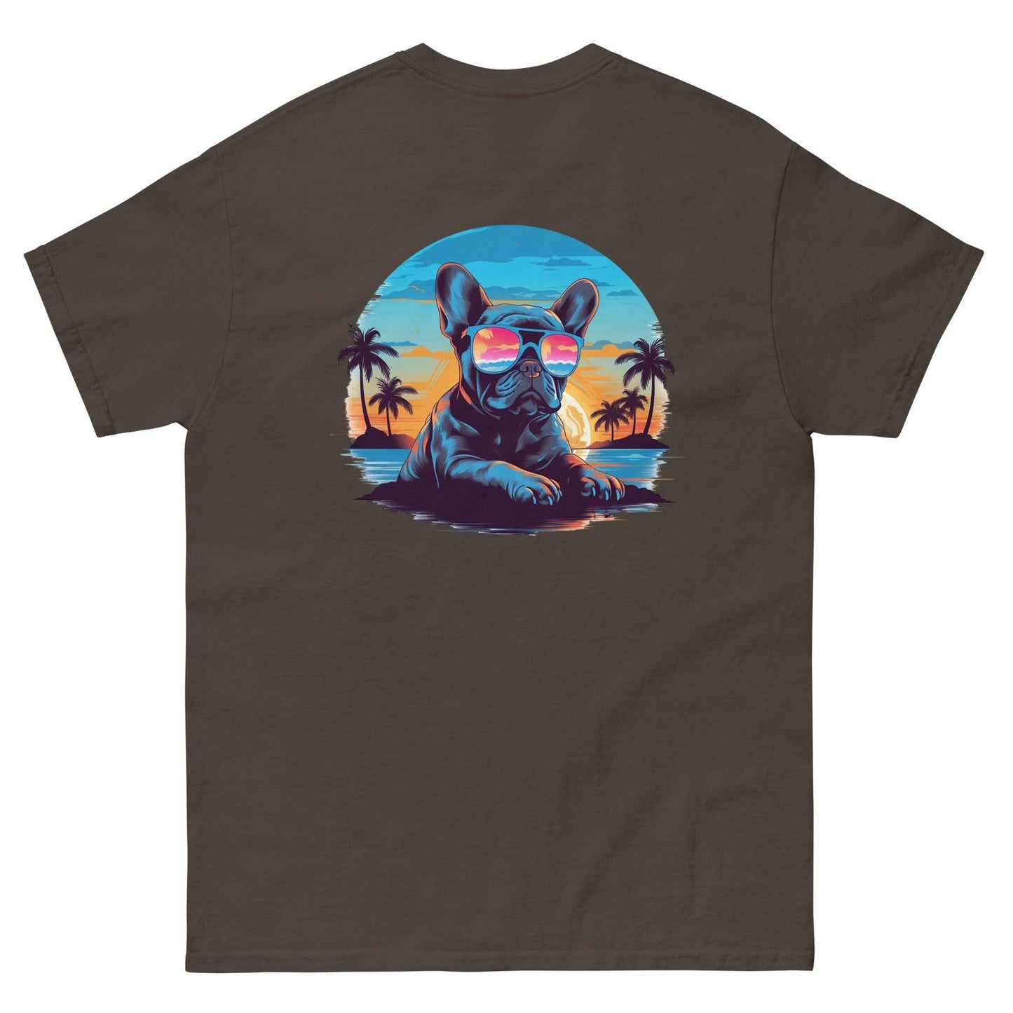 Tropical Vibes Frenchie: Sunglasses and Palm Trees T-Shirt - back print - Frenchie Emporium