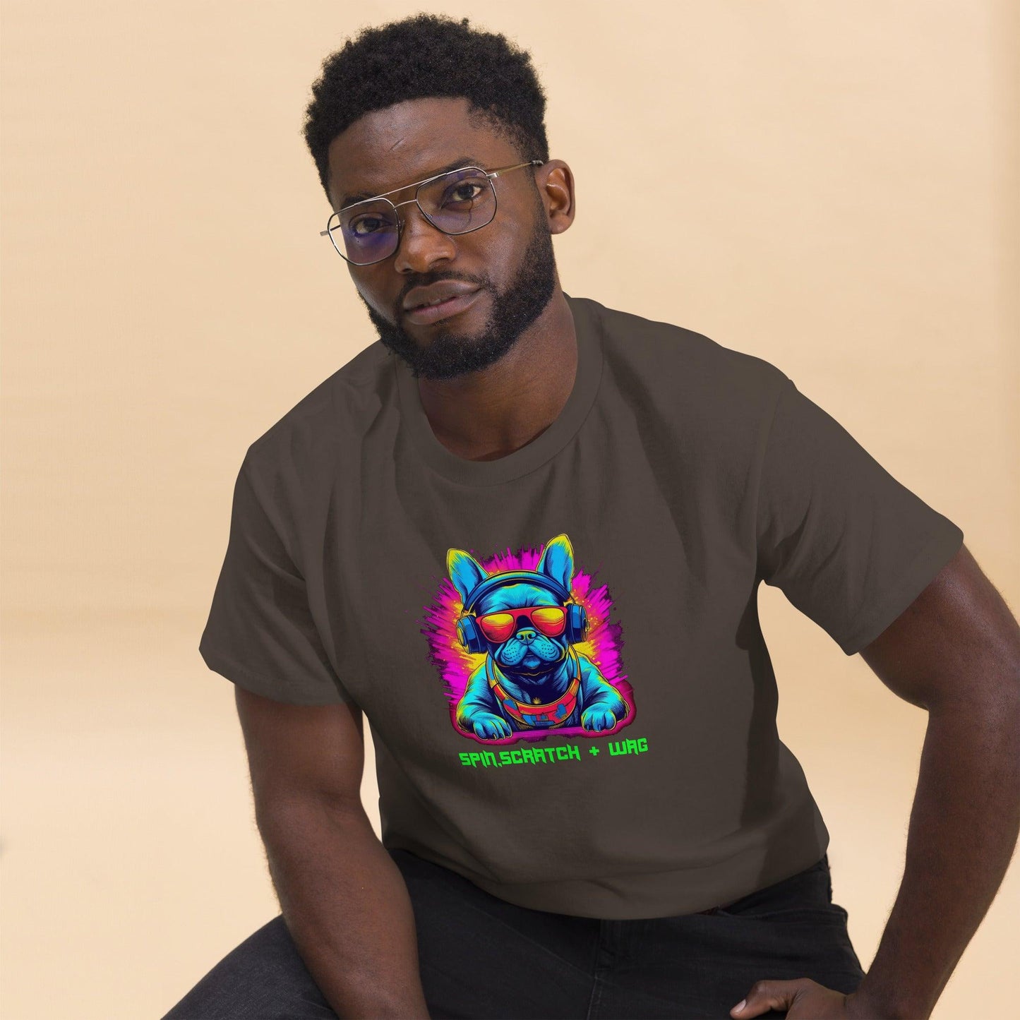 Unleashed Beats: Unisex Neon Frenchie DJ T-shirt - Spin, Scratch & Wag" - Frenchie Emporium