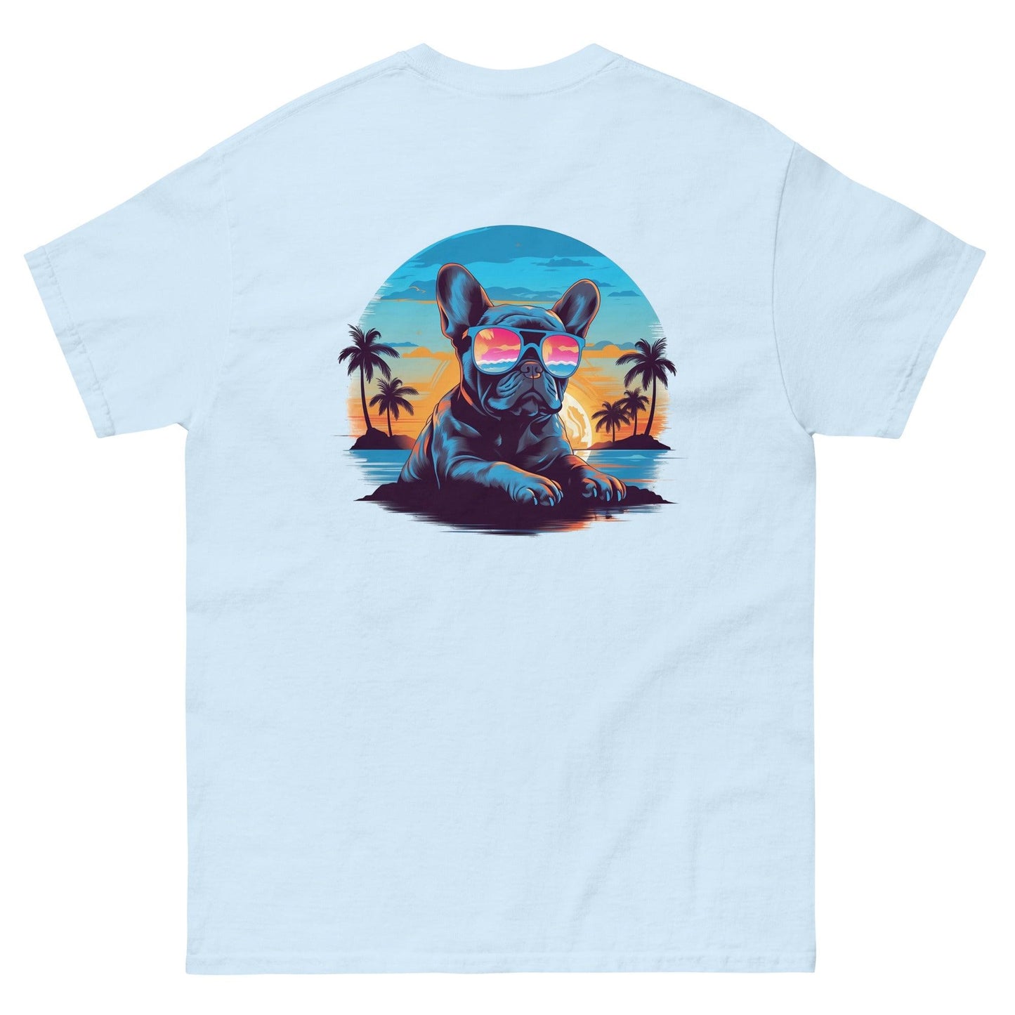 Tropical Vibes Frenchie: Sunglasses and Palm Trees T-Shirt - back print - Frenchie Emporium