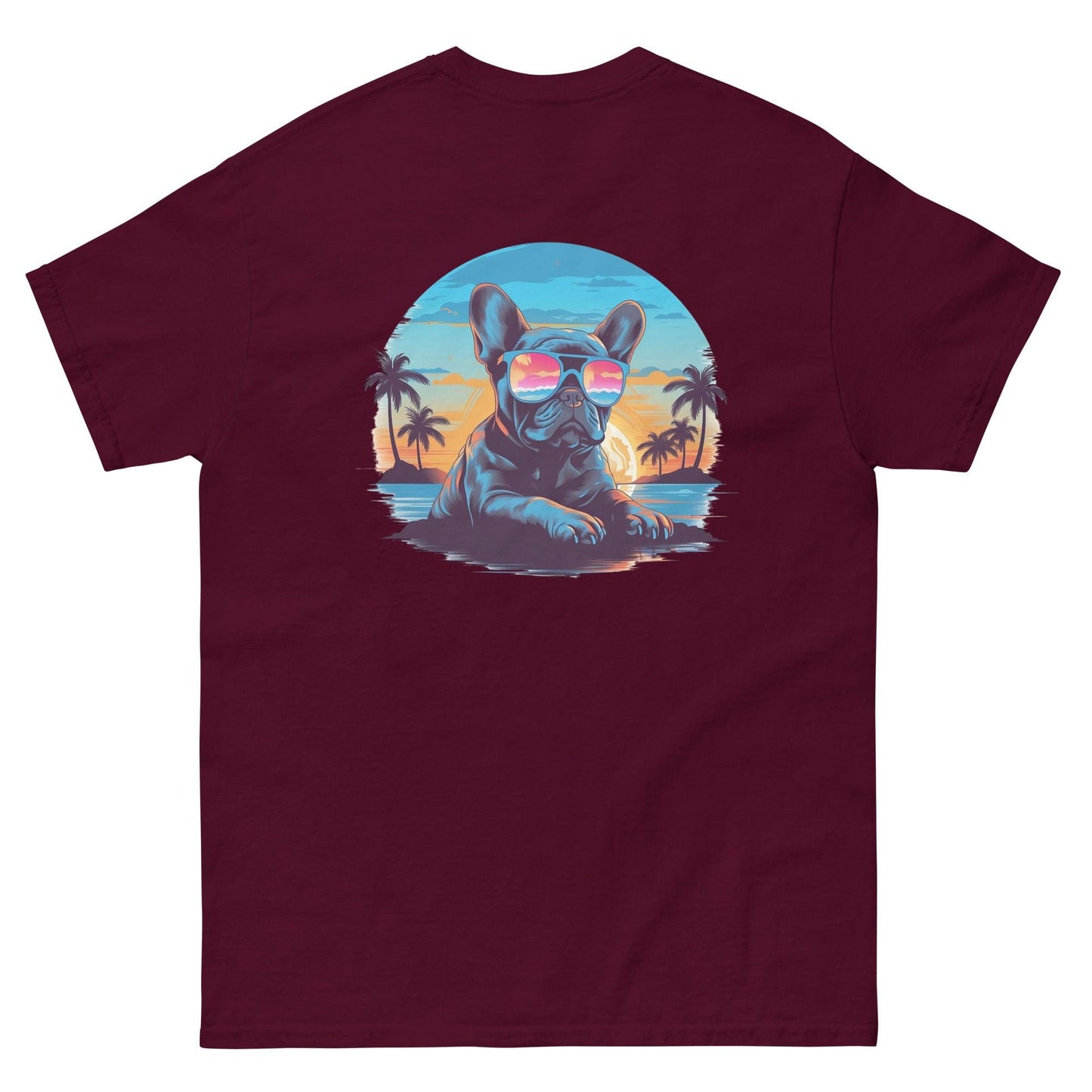 Tropical Vibes Frenchie: Sunglasses and Palm Trees T-Shirt - back print - Frenchie Emporium