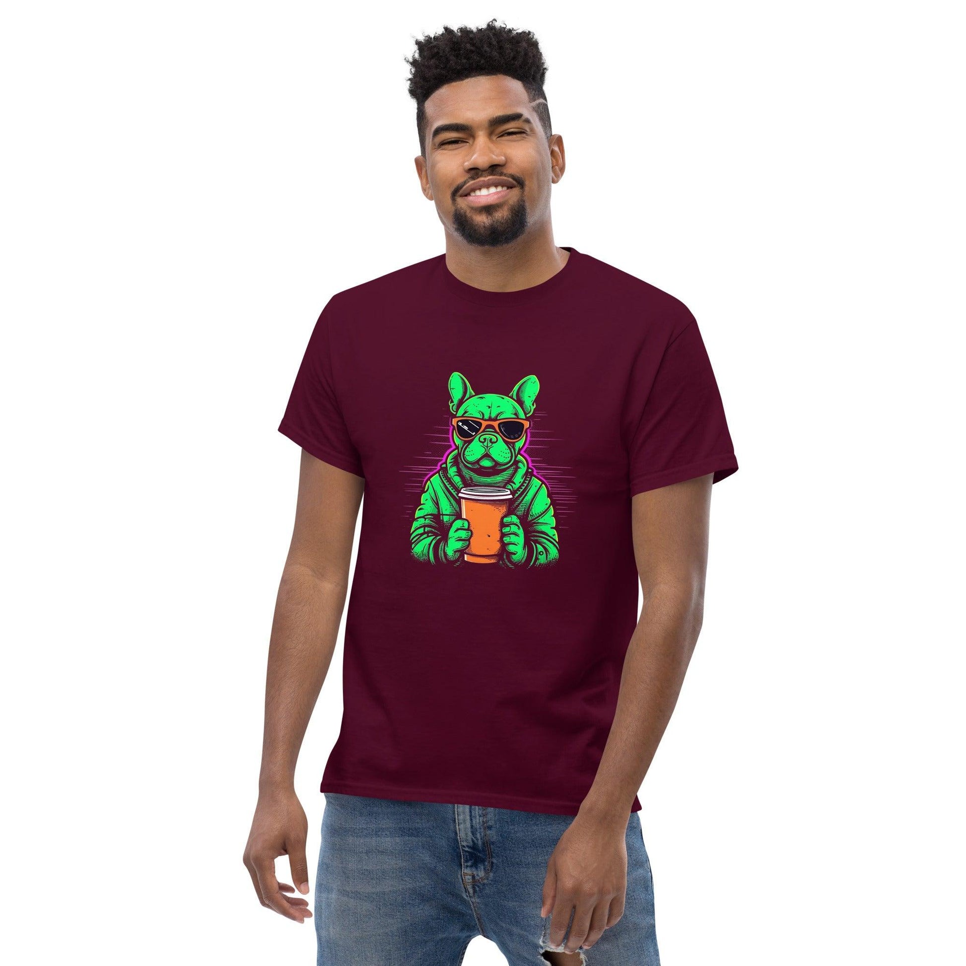 Neon Buzz: Green Frenchie with Orange Coffee To Go T-Shirt - Frenchie Emporium