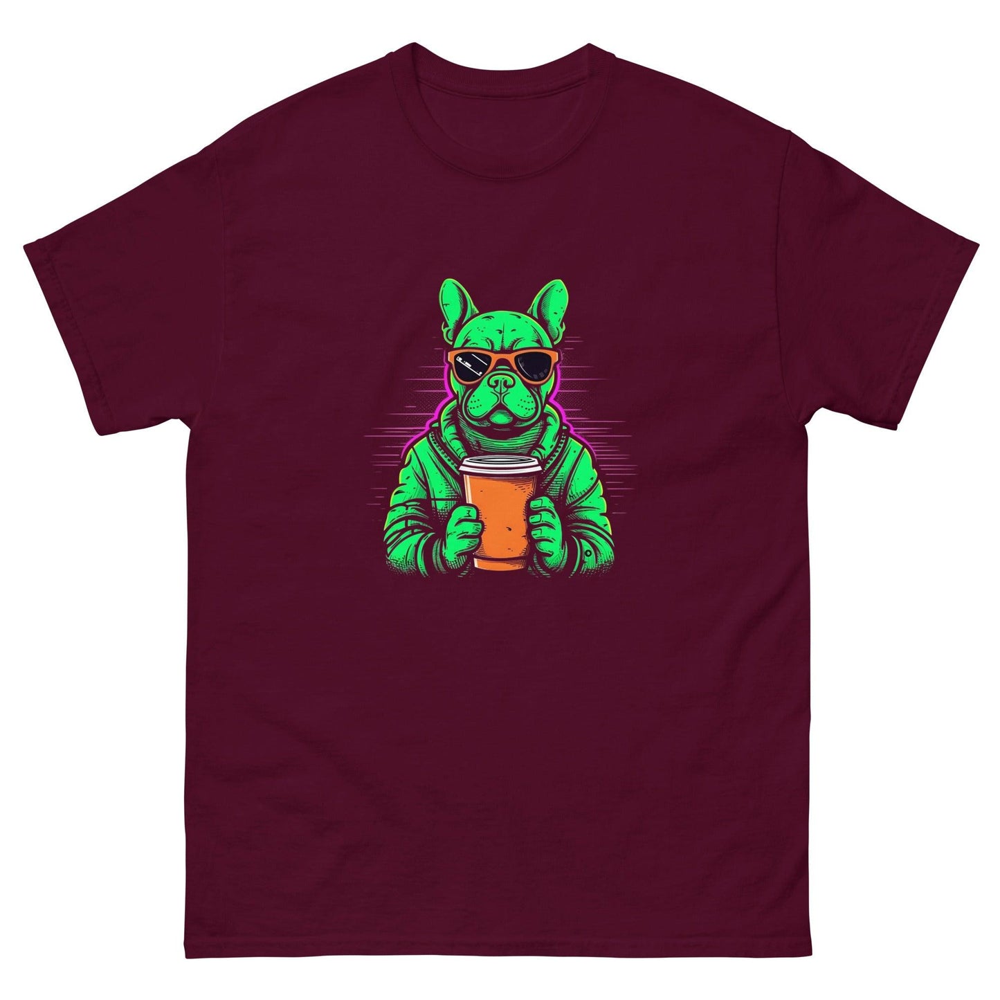 Neon Buzz: Green Frenchie with Orange Coffee To Go T-Shirt - Frenchie Emporium