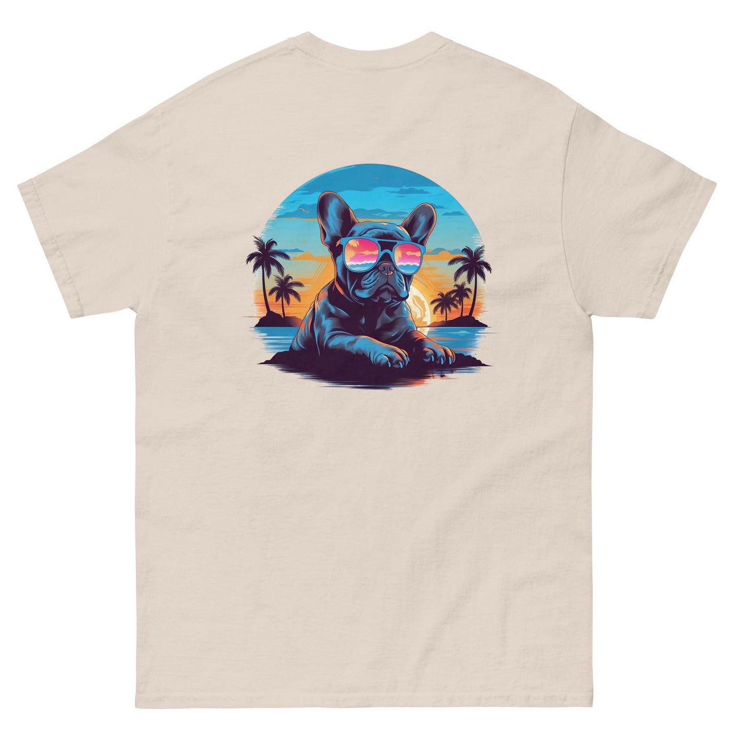 Tropical Vibes Frenchie: Sunglasses and Palm Trees T-Shirt - back print - Frenchie Emporium