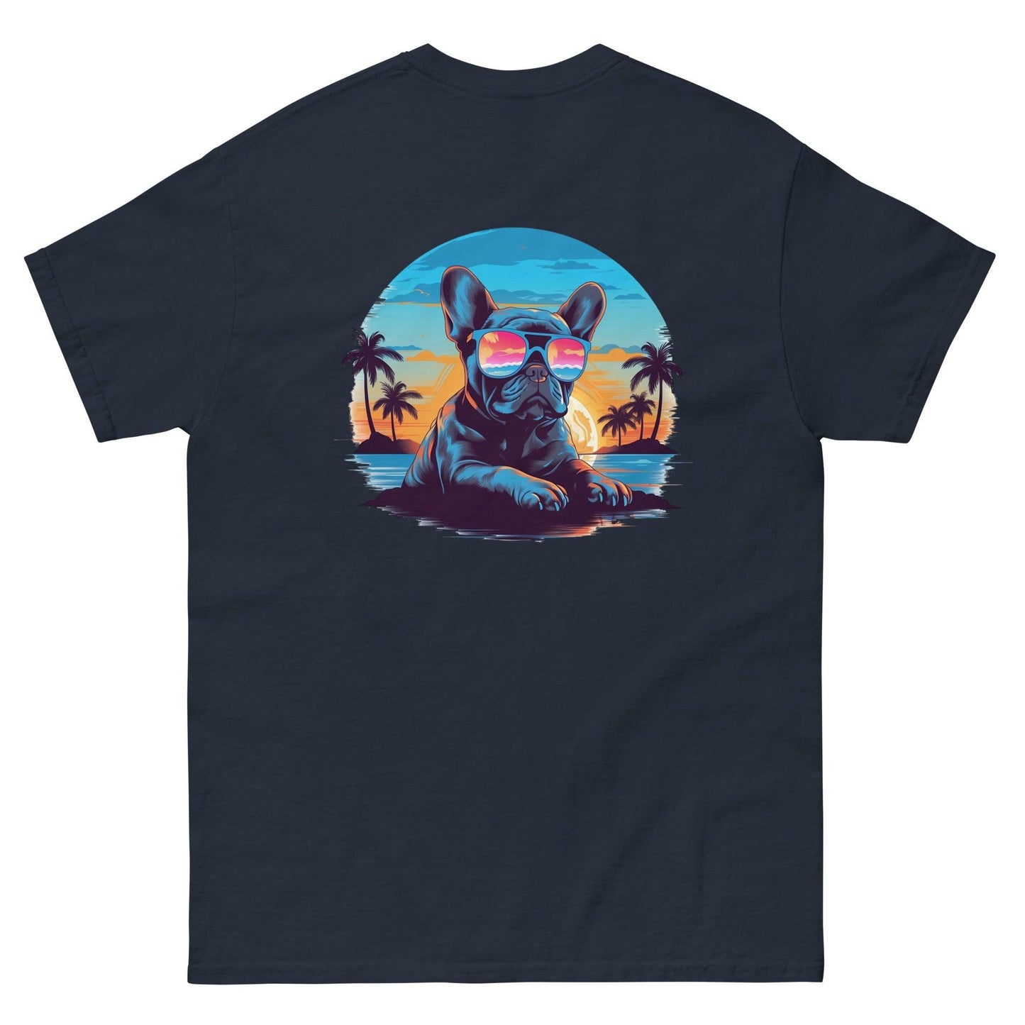 Tropical Vibes Frenchie: Sunglasses and Palm Trees T-Shirt - back print - Frenchie Emporium