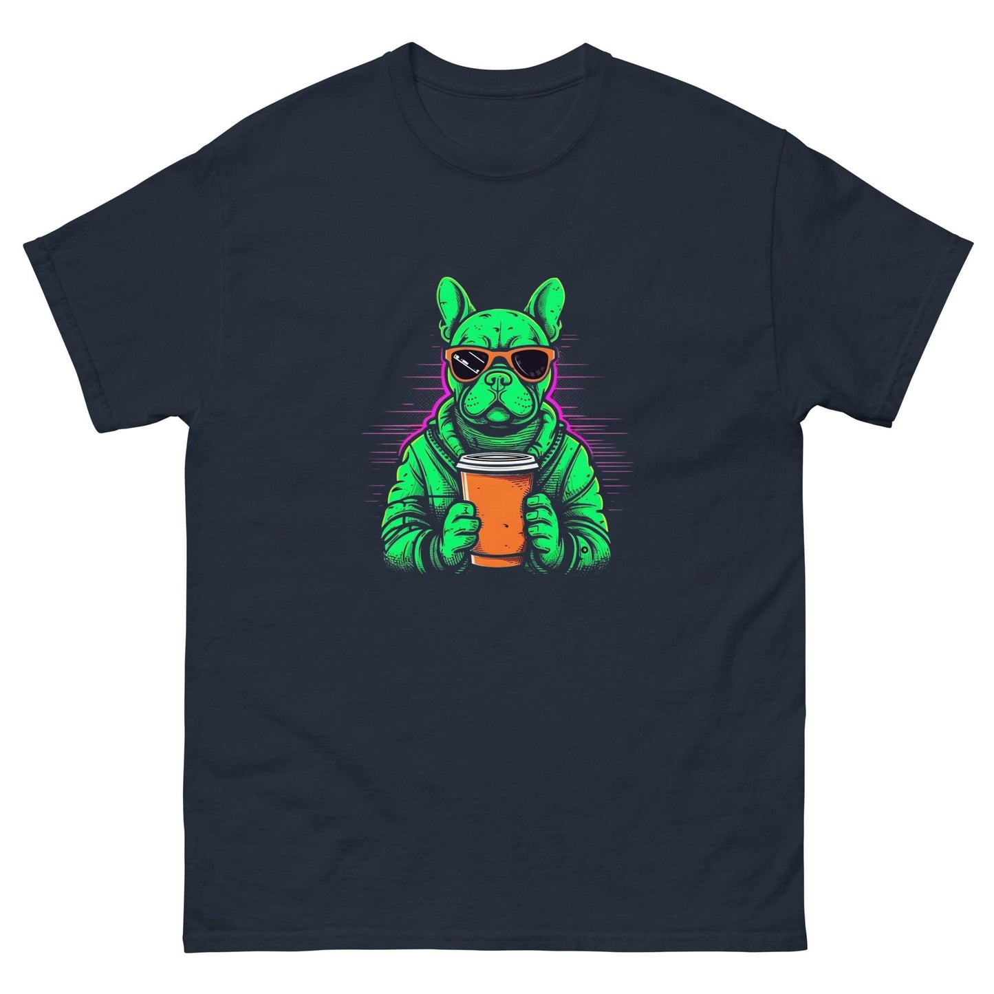 Neon Buzz: Green Frenchie with Orange Coffee To Go T-Shirt - Frenchie Emporium