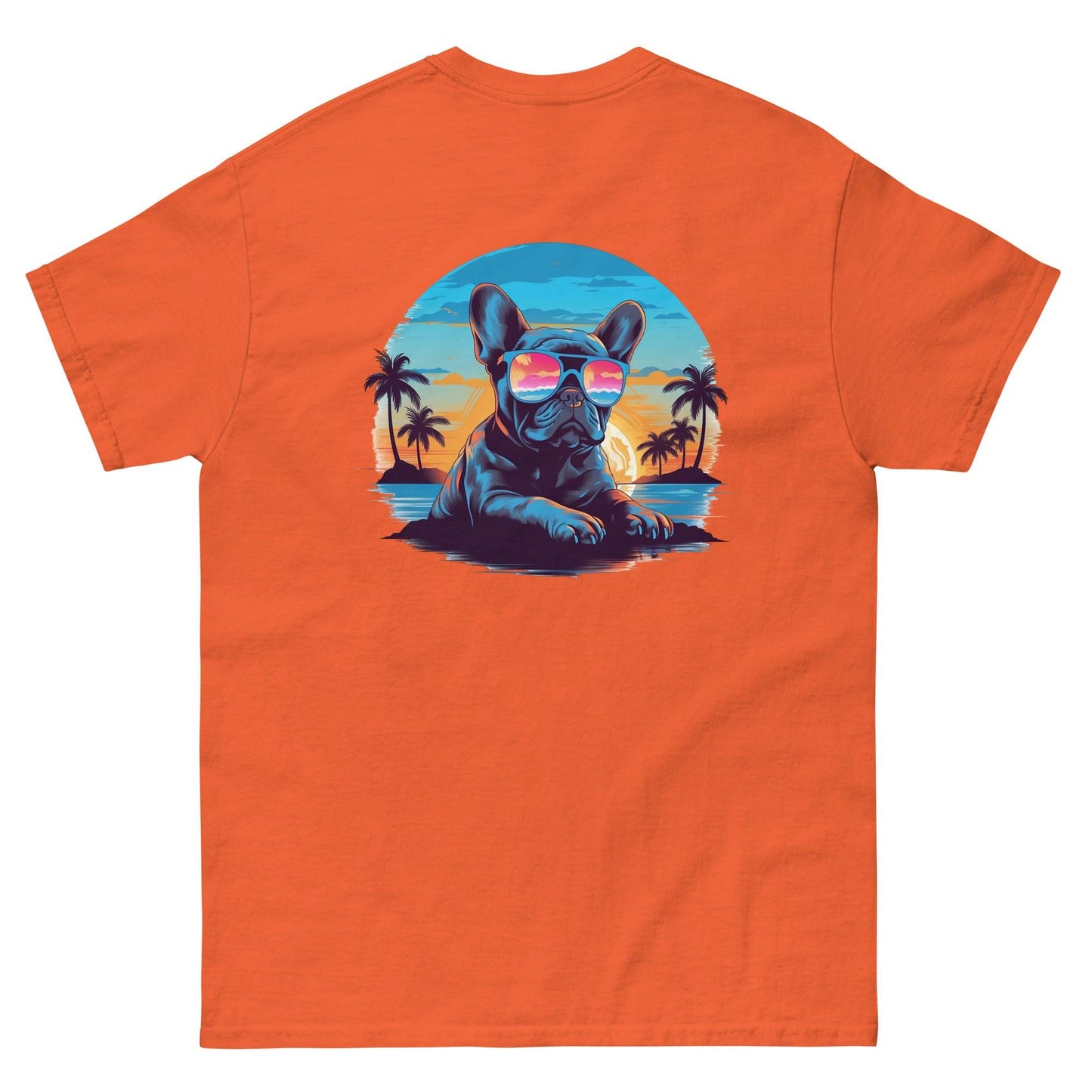 Tropical Vibes Frenchie: Sunglasses and Palm Trees T-Shirt - back print - Frenchie Emporium