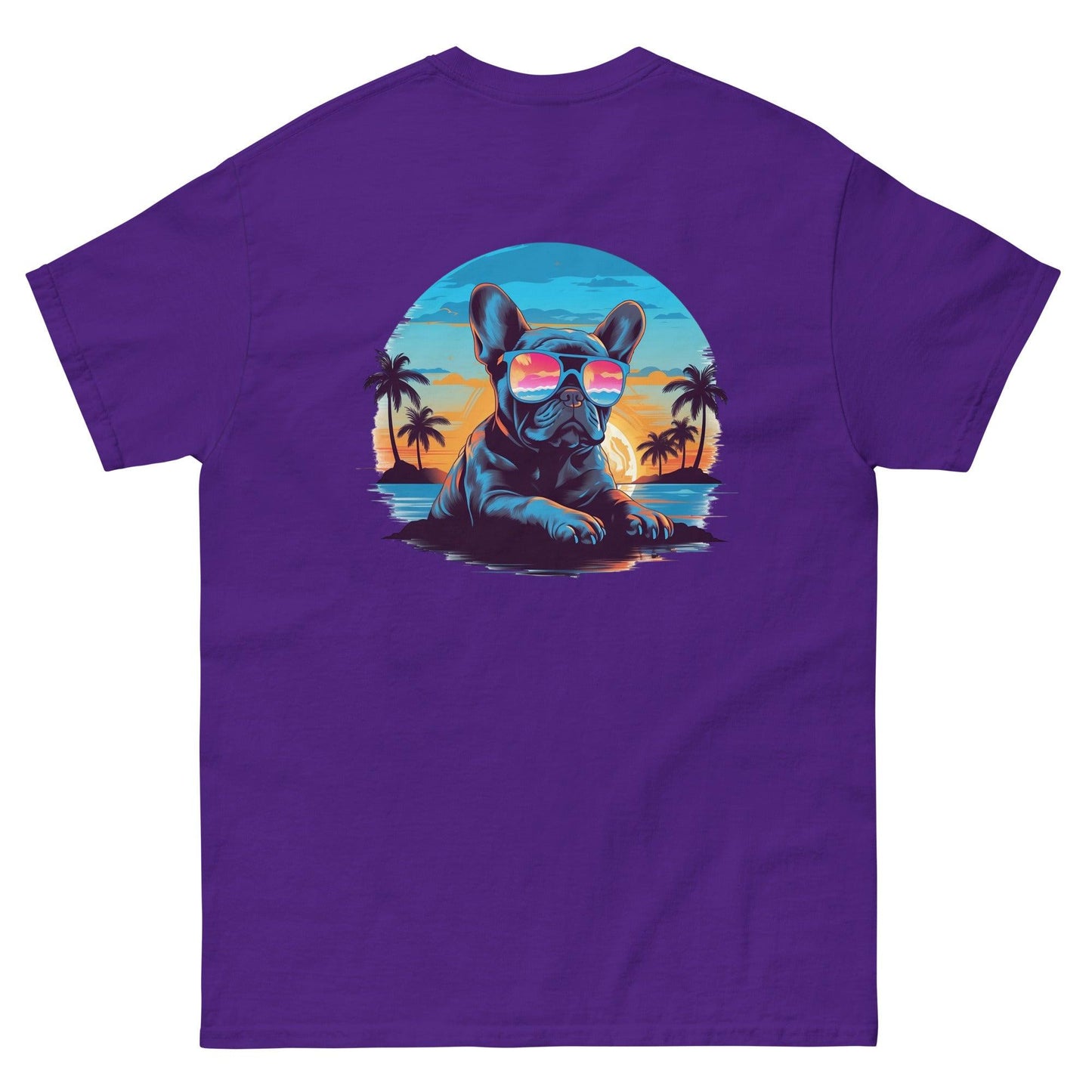 Tropical Vibes Frenchie: Sunglasses and Palm Trees T-Shirt - back print - Frenchie Emporium