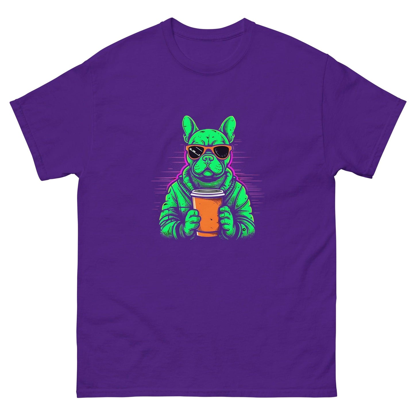 Neon Buzz: Green Frenchie with Orange Coffee To Go T-Shirt - Frenchie Emporium