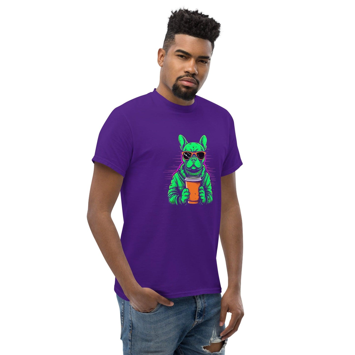 Neon Buzz: Green Frenchie with Orange Coffee To Go T-Shirt - Frenchie Emporium