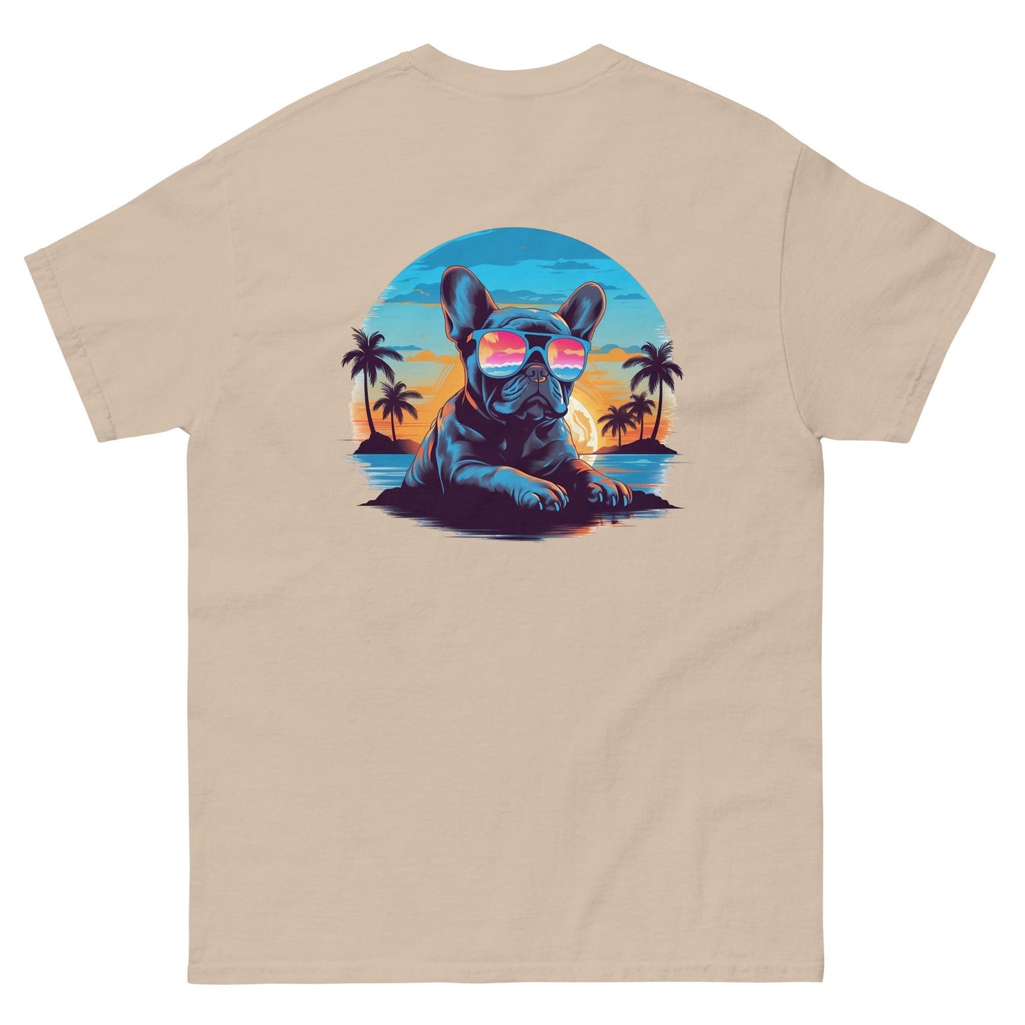 Tropical Vibes Frenchie: Sunglasses and Palm Trees T-Shirt - back print - Frenchie Emporium