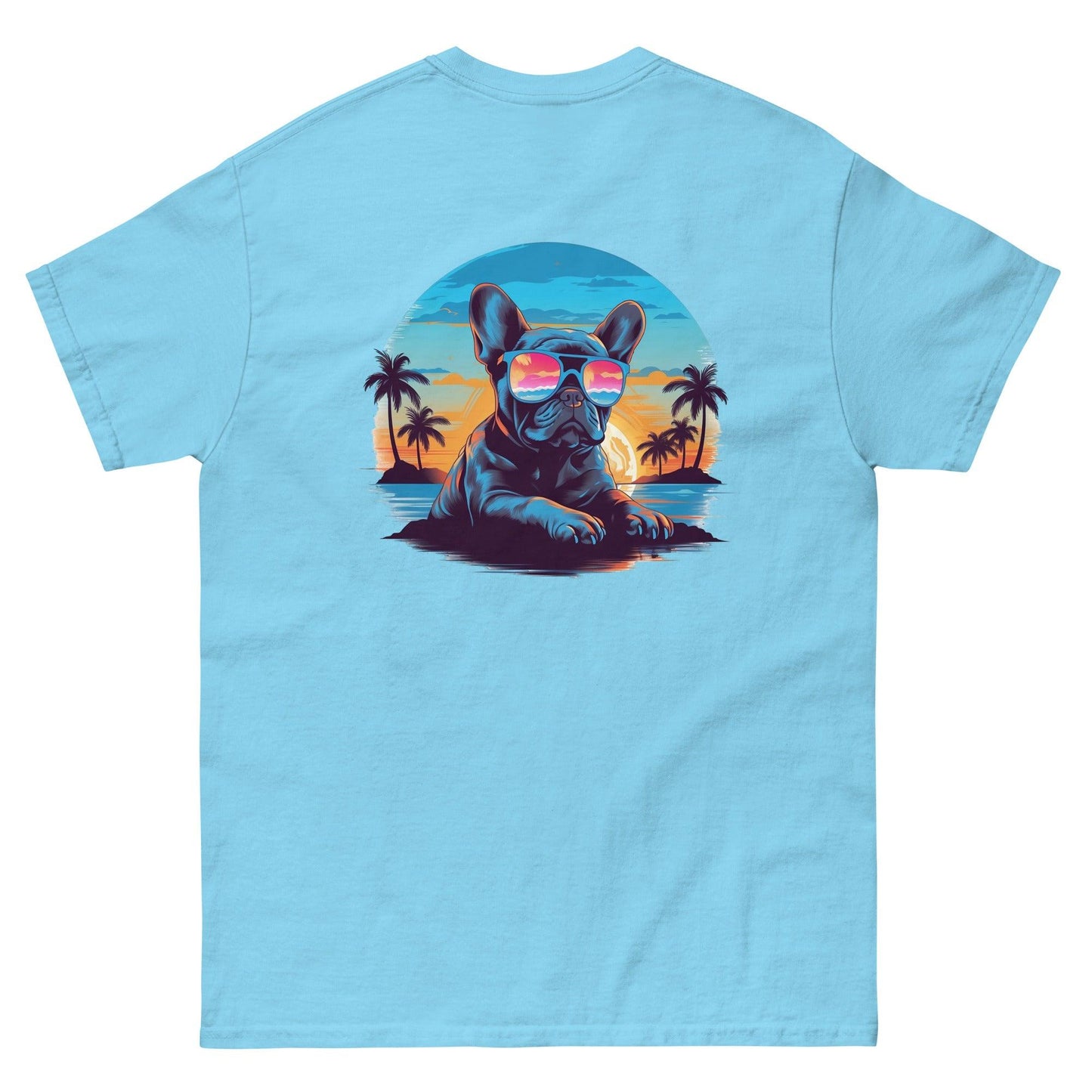 Tropical Vibes Frenchie: Sunglasses and Palm Trees T-Shirt - back print - Frenchie Emporium