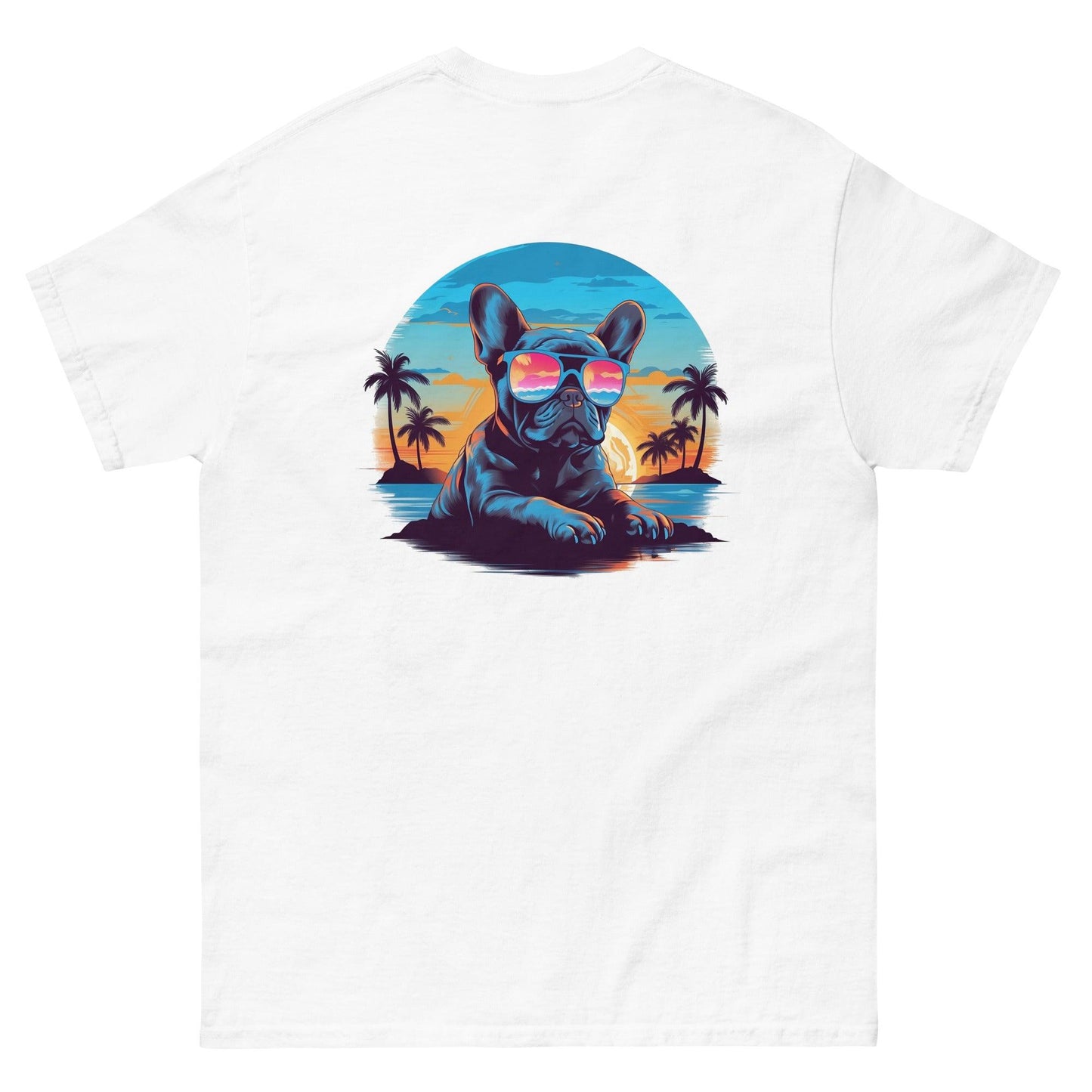 Tropical Vibes Frenchie: Sunglasses and Palm Trees T-Shirt - back print - Frenchie Emporium