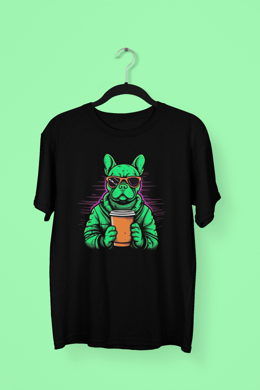 Neon Buzz: Green Frenchie with Orange Coffee To Go T-Shirt - Frenchie Emporium