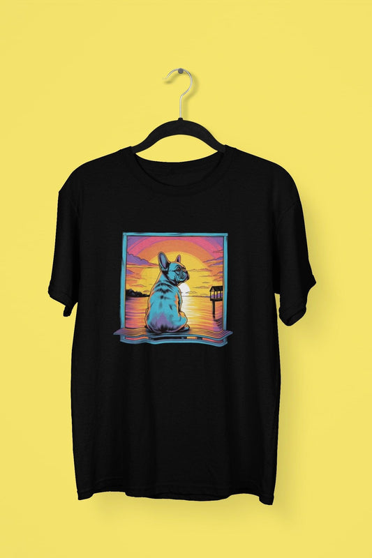 Frenchie Sitting on a dock of a bay - unisex organic cotton t-shirt - Frenchie Emporium