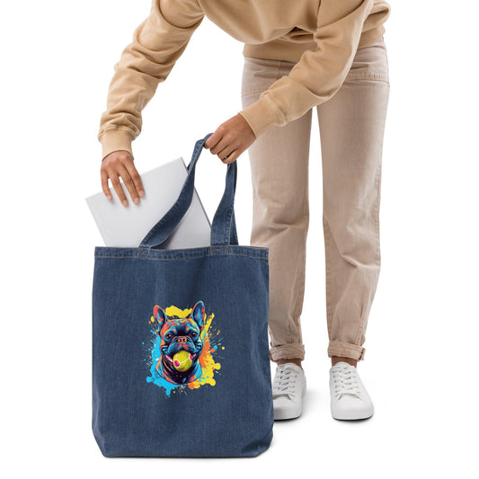 Tennis Ball Frenchie - Organic Denim Tote Bag - Frenchie Emporium