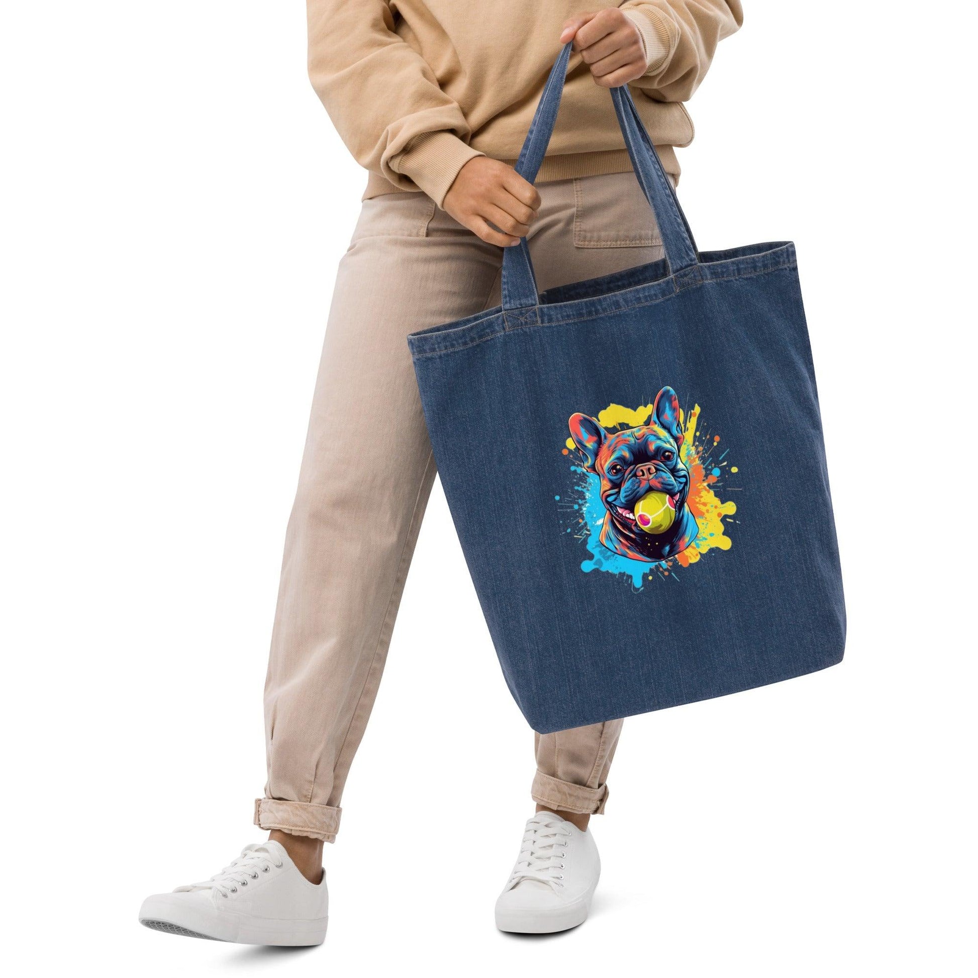 Tennis Ball Frenchie - Organic Denim Tote Bag - Frenchie Emporium