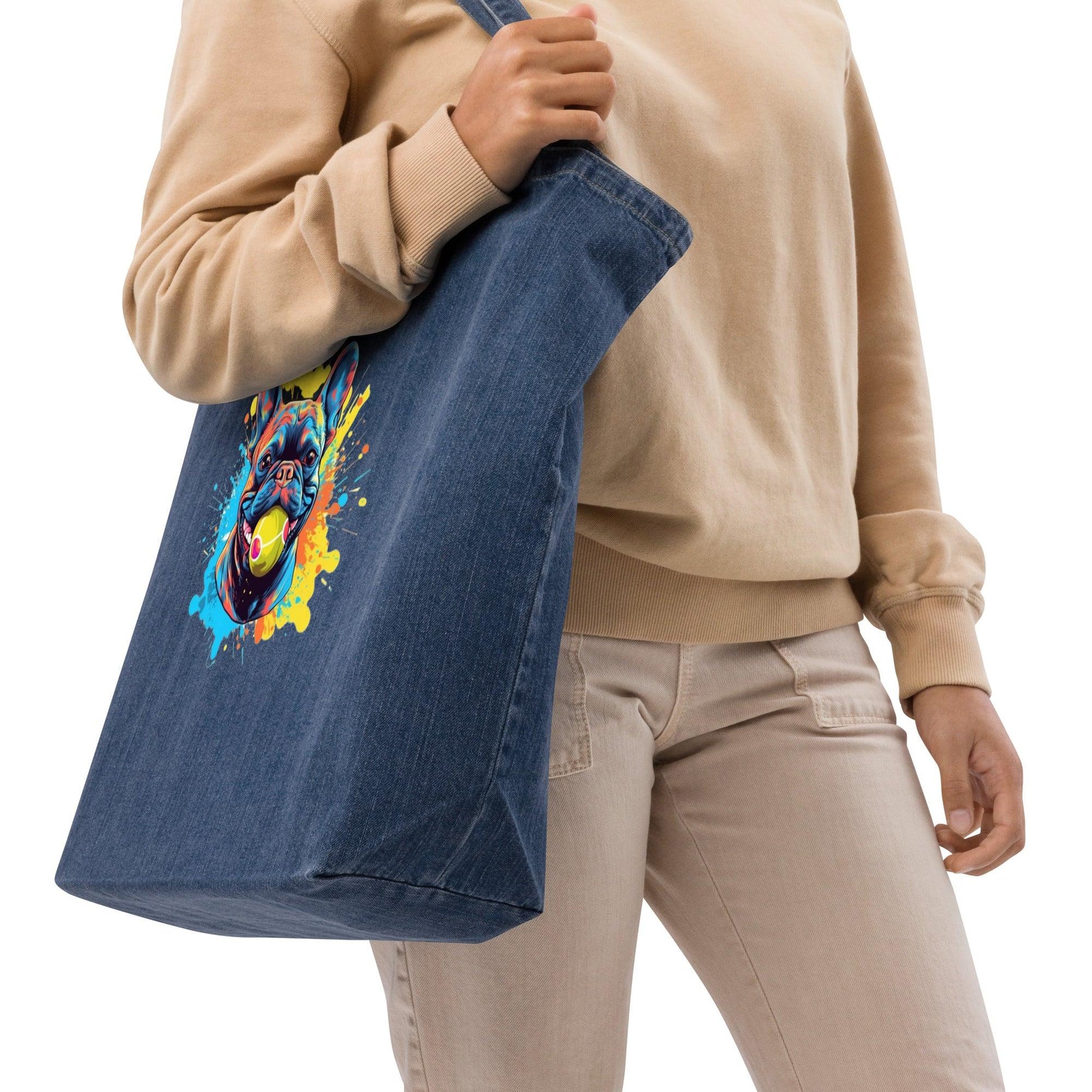 Tennis Ball Frenchie - Organic Denim Tote Bag - Frenchie Emporium