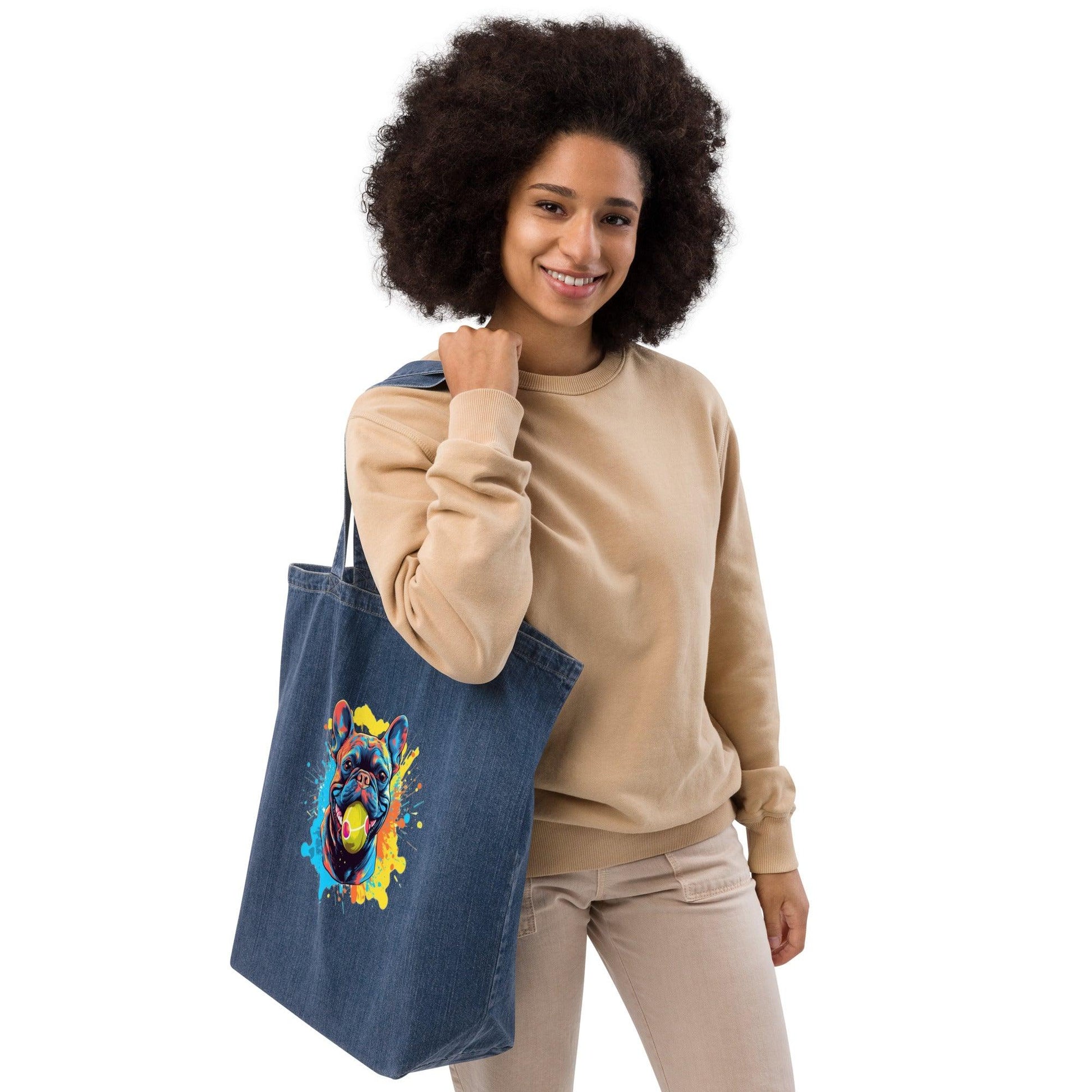 Tennis Ball Frenchie - Organic Denim Tote Bag - Frenchie Emporium