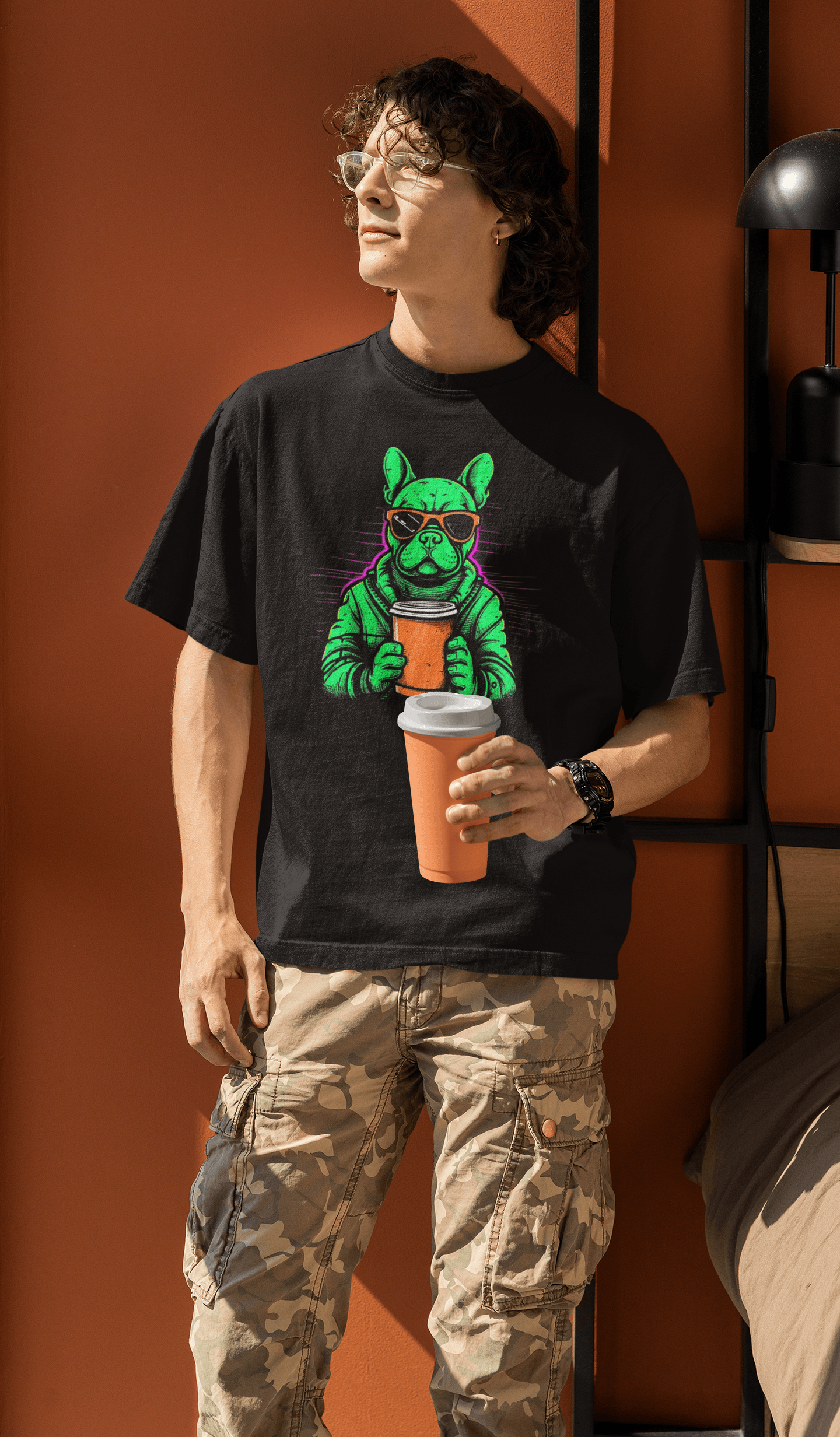 Neon Buzz: Green Frenchie with Orange Coffee To Go T-Shirt - Frenchie Emporium