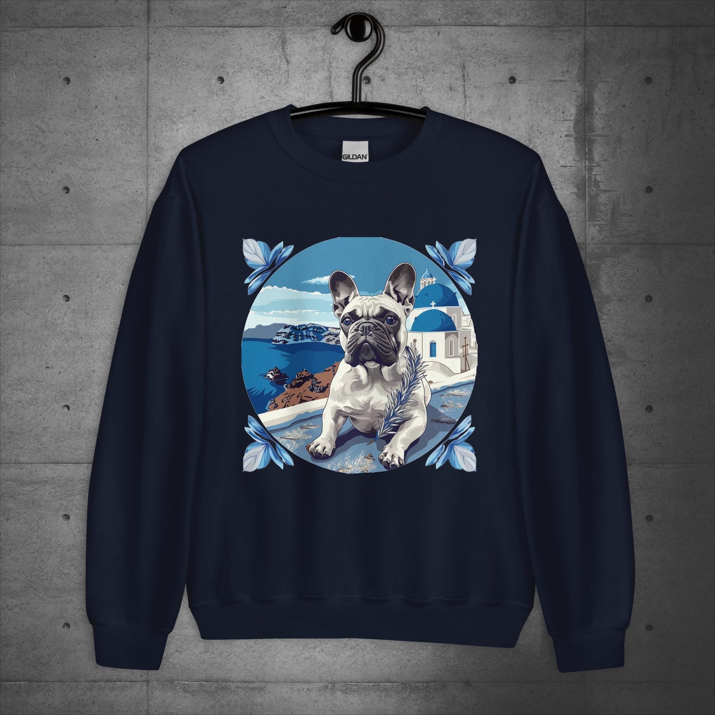 Tranquil Santorini Frenchie Unisex Sweater - Frenchie Emporium