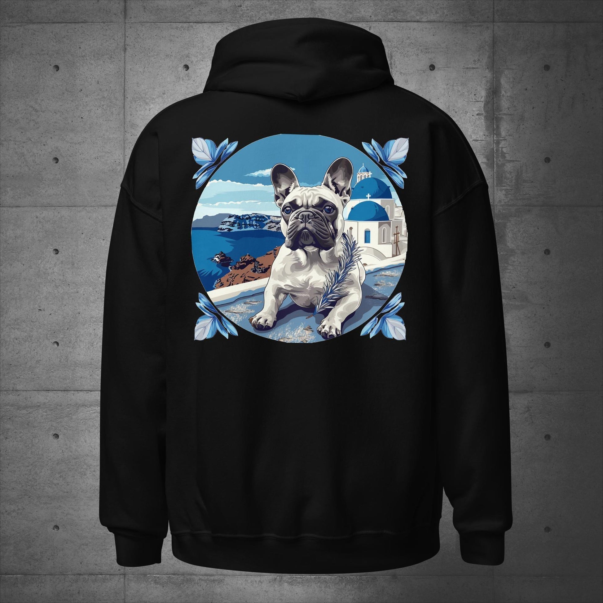 Back print - Blissful Santorini Frenchie Unisex Hoodie - Frenchie Emporium