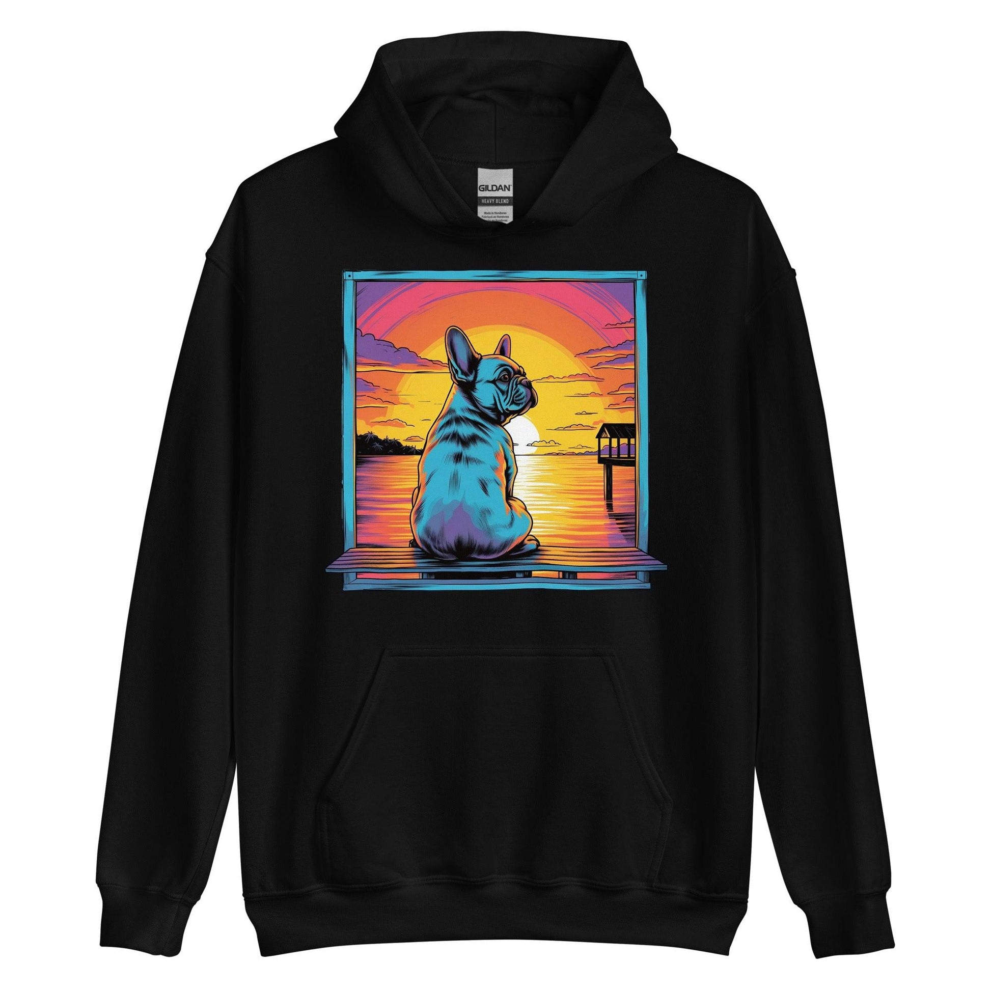 Frenchie Sitting on a dock of a bay - Unisex Hoodie - Frenchie Emporium