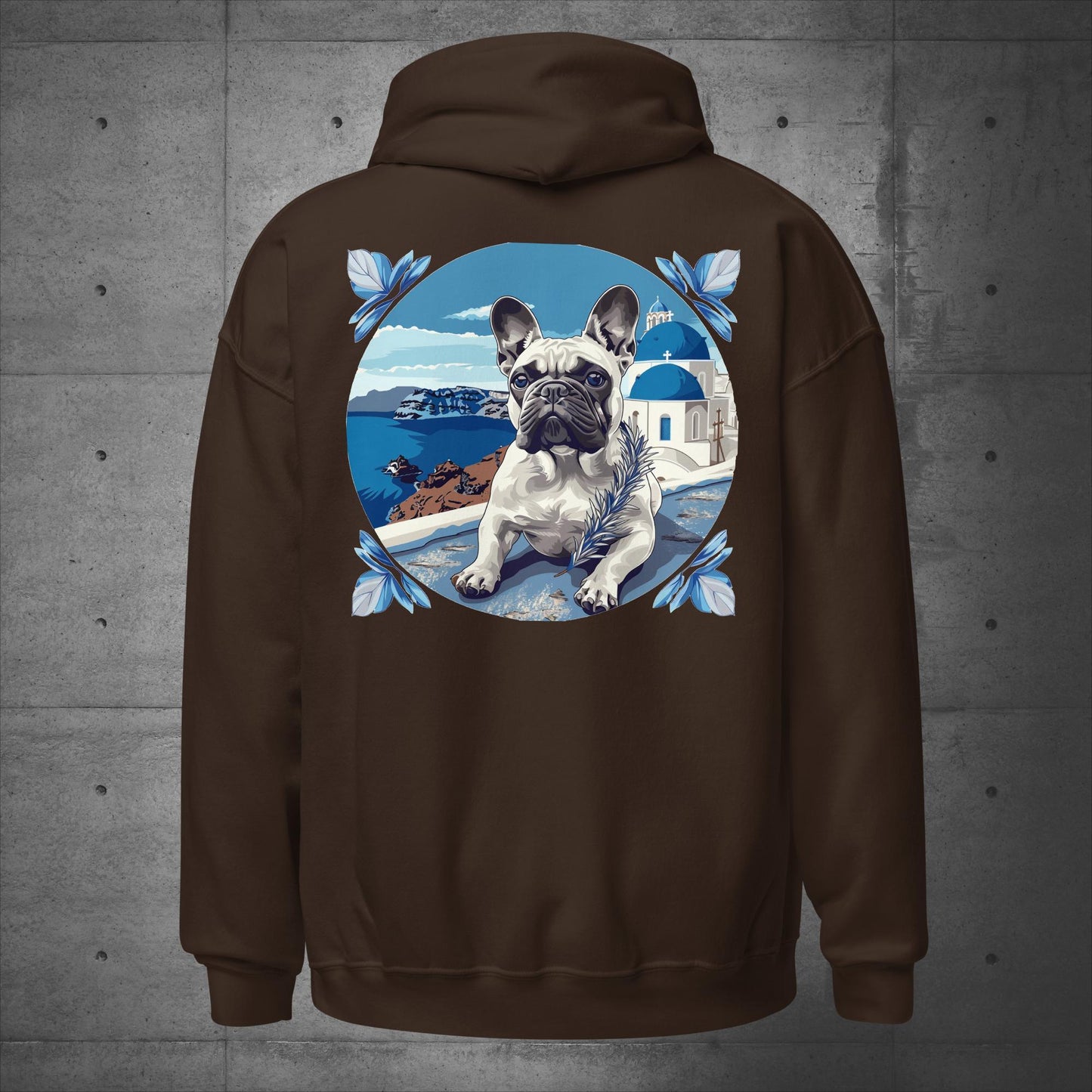 Back print - Blissful Santorini Frenchie Unisex Hoodie - Frenchie Emporium