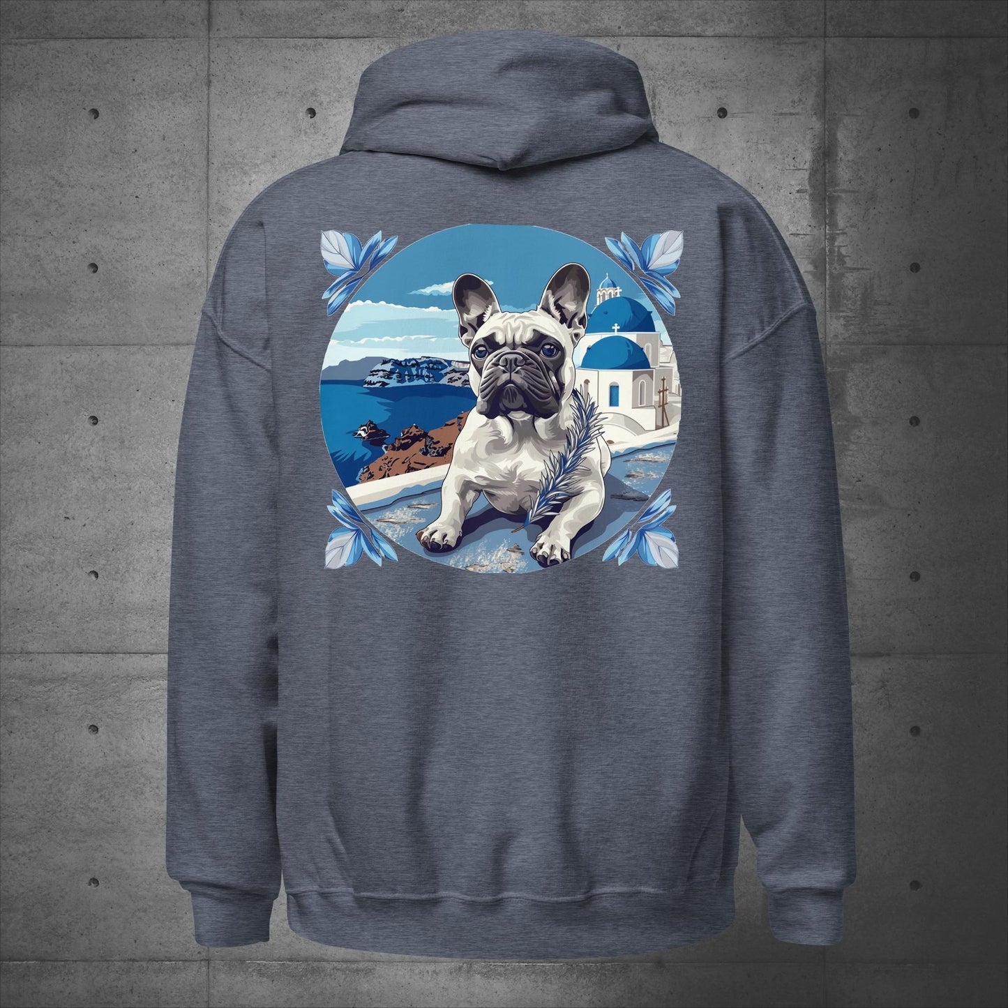 Back print - Blissful Santorini Frenchie Unisex Hoodie - Frenchie Emporium