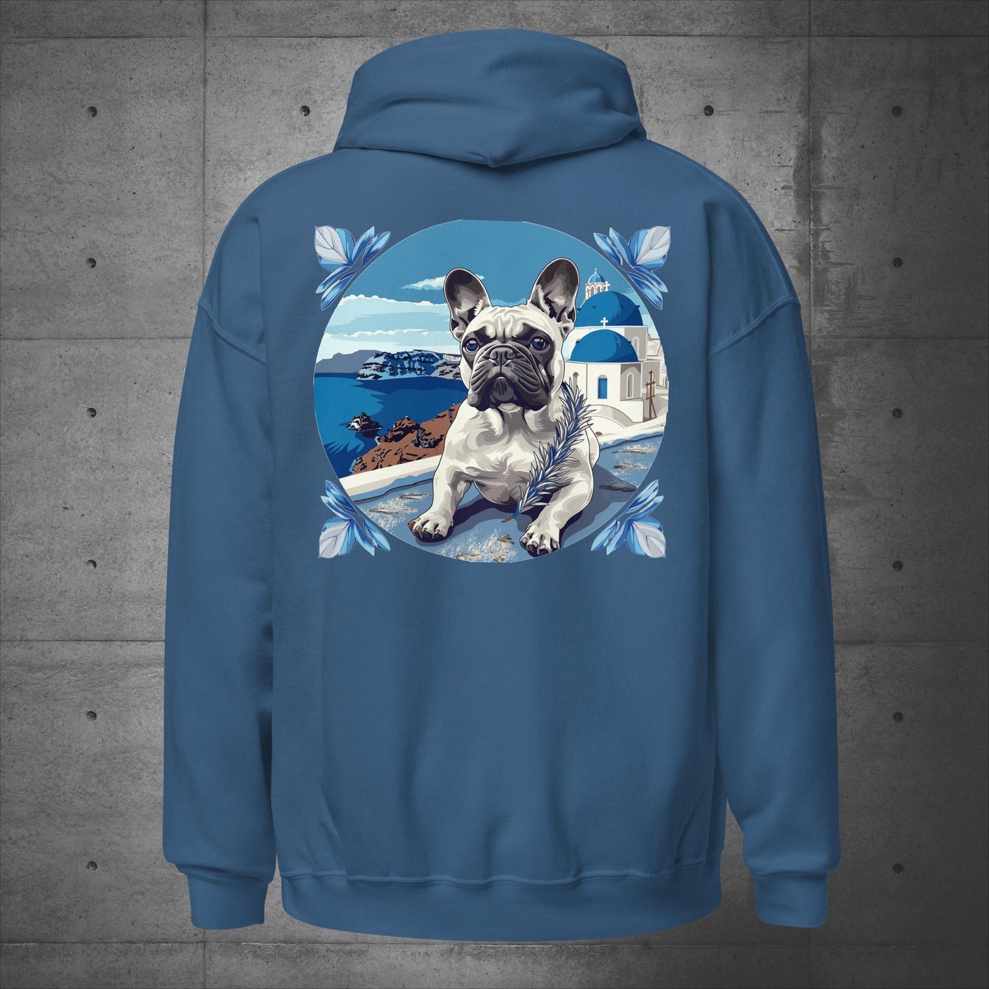 Back print - Blissful Santorini Frenchie Unisex Hoodie - Frenchie Emporium