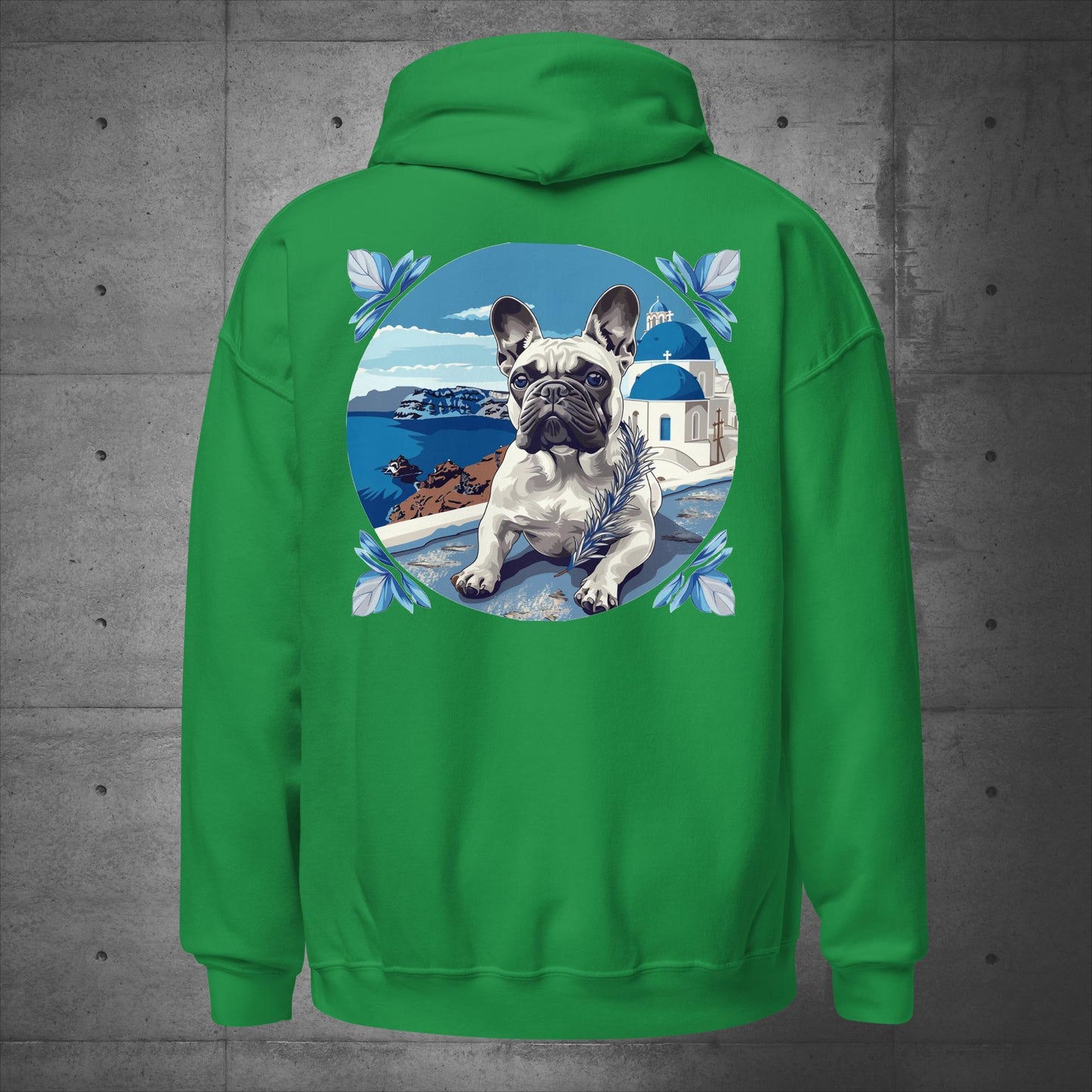 Back print - Blissful Santorini Frenchie Unisex Hoodie - Frenchie Emporium