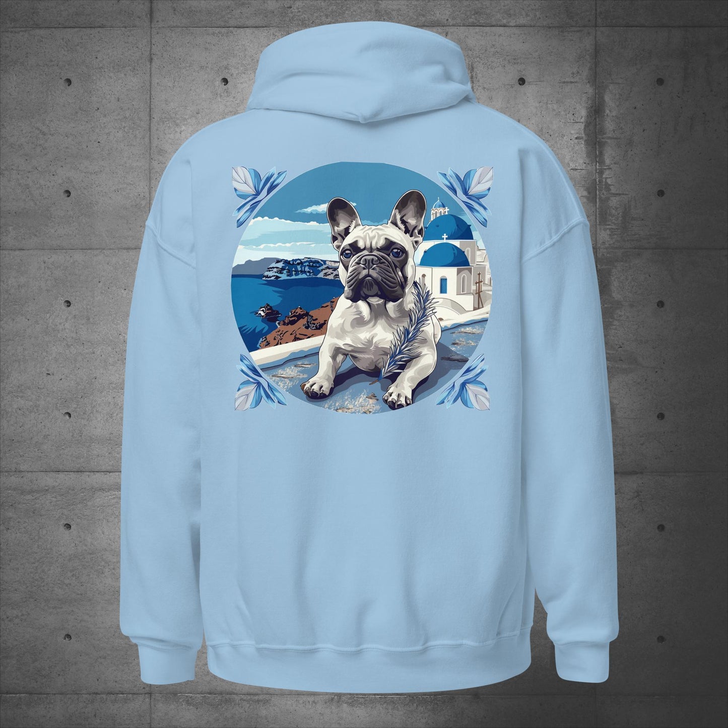 Back print - Blissful Santorini Frenchie Unisex Hoodie - Frenchie Emporium