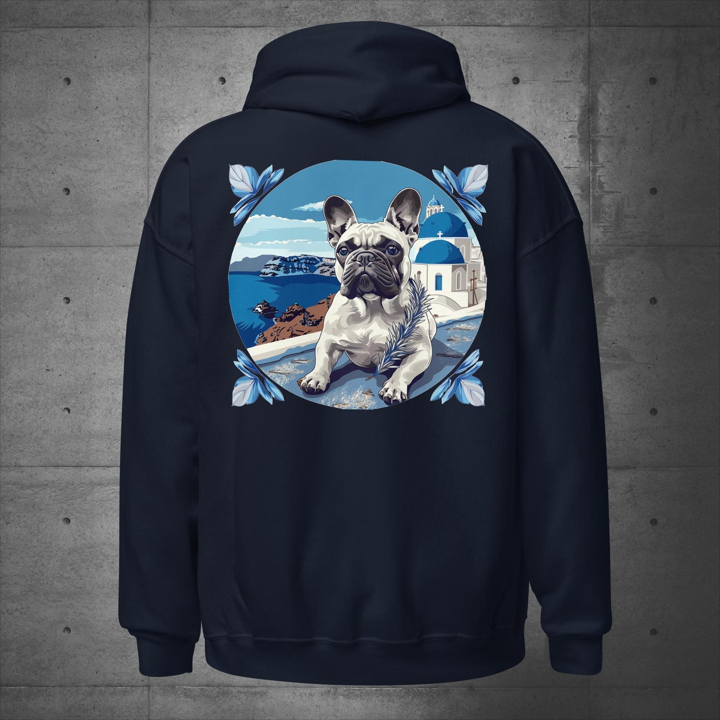 Back print - Blissful Santorini Frenchie Unisex Hoodie - Frenchie Emporium