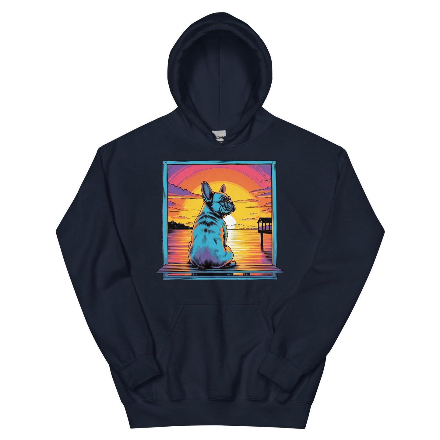 Frenchie Sitting on a dock of a bay - Unisex Hoodie - Frenchie Emporium