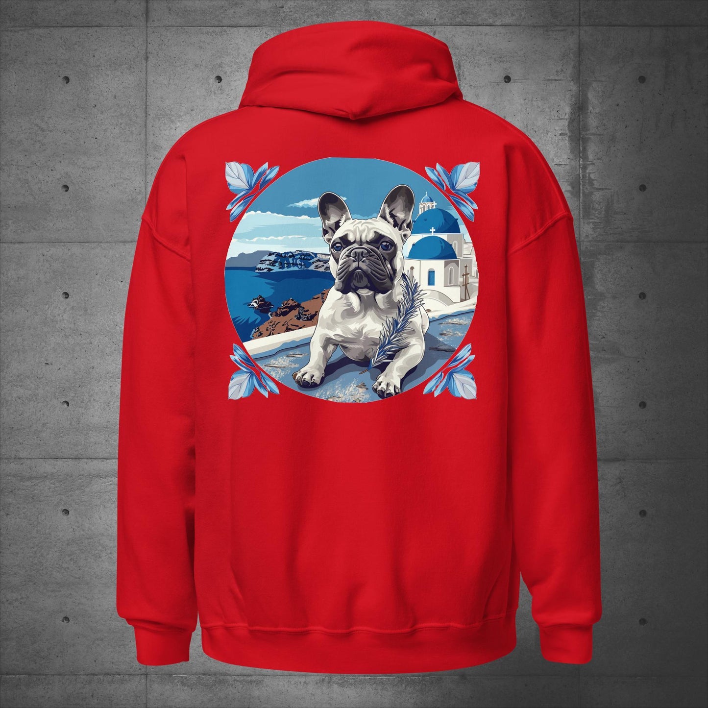 Back print - Blissful Santorini Frenchie Unisex Hoodie - Frenchie Emporium