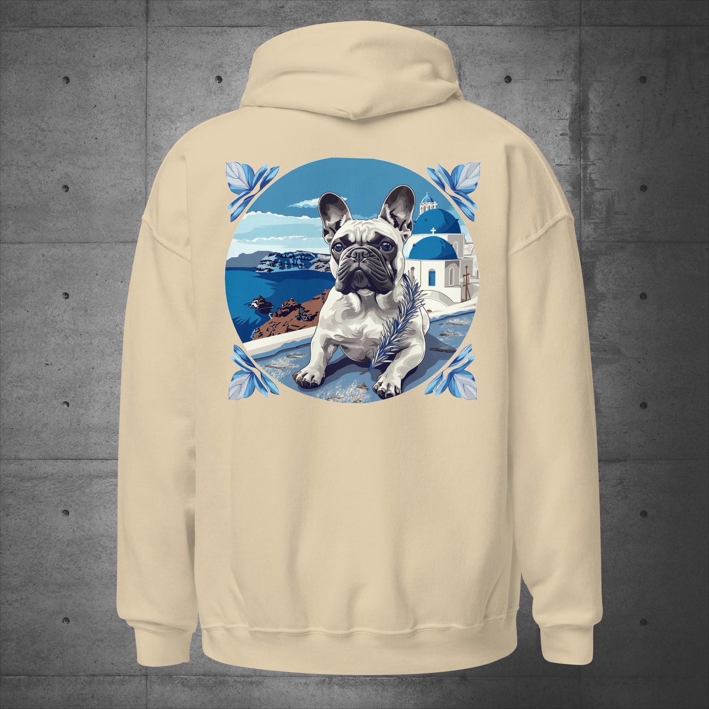 Back print - Blissful Santorini Frenchie Unisex Hoodie - Frenchie Emporium