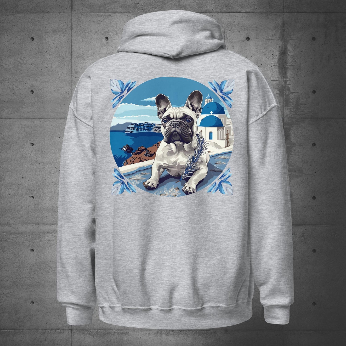 Back print - Blissful Santorini Frenchie Unisex Hoodie - Frenchie Emporium