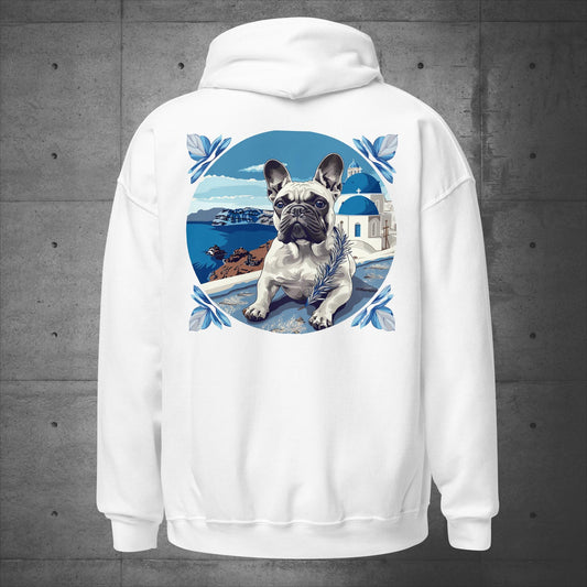 Back print - Blissful Santorini Frenchie Unisex Hoodie - Frenchie Emporium