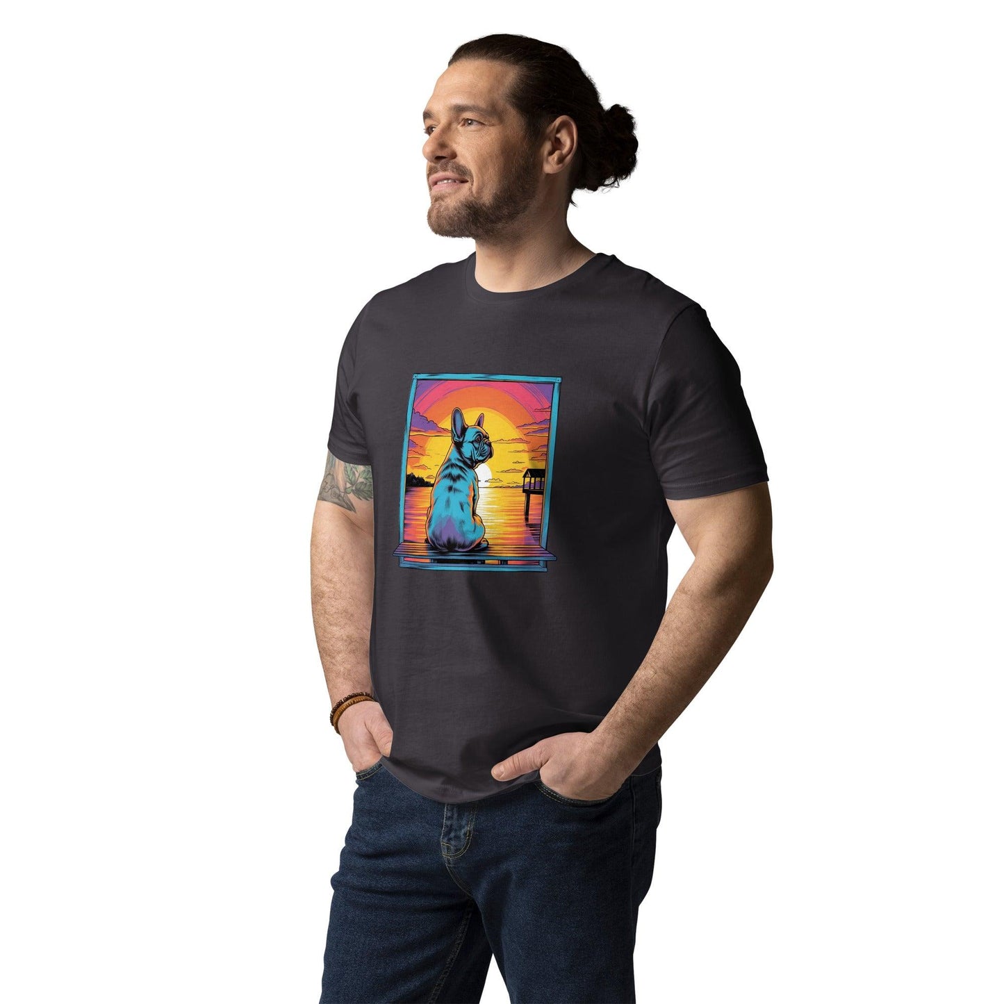 Frenchie Sitting on a dock of a bay - unisex organic cotton t-shirt - Frenchie Emporium